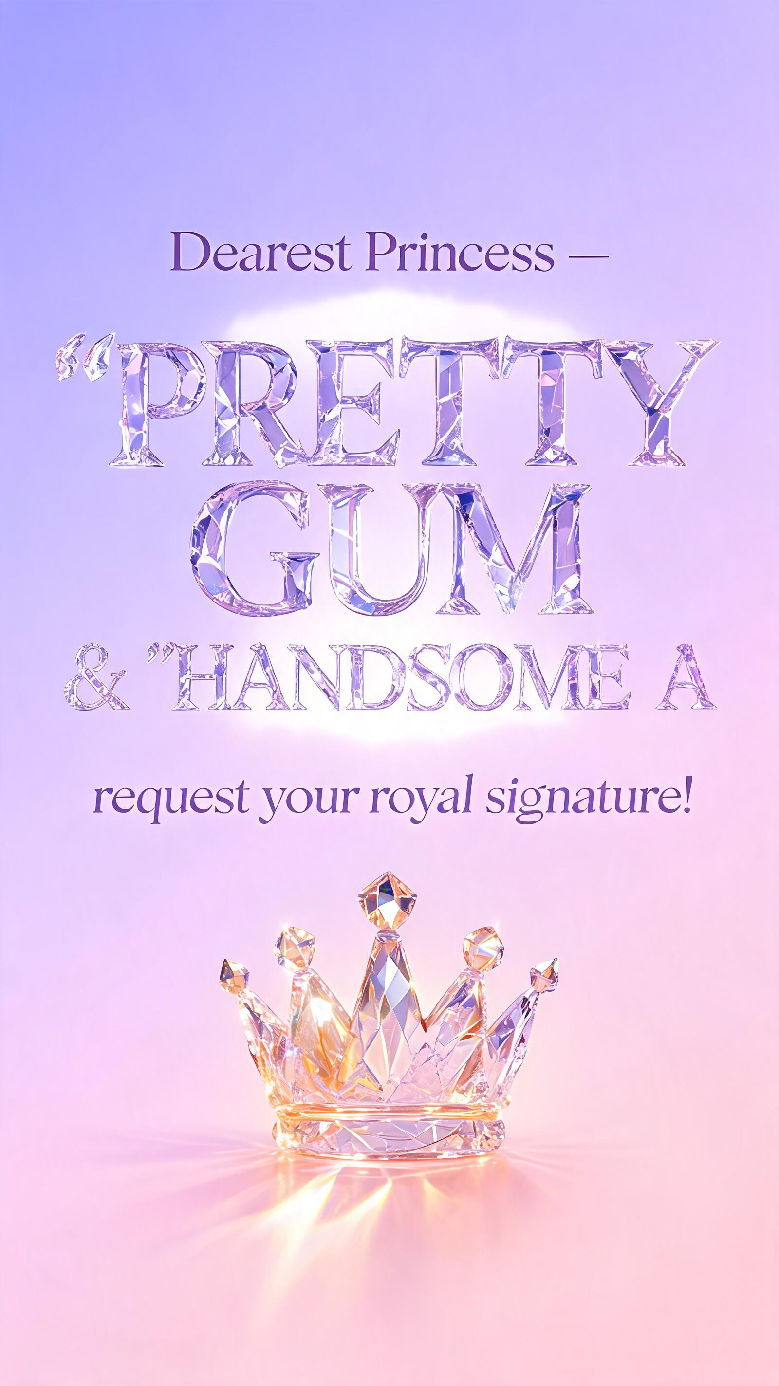 ""Dearest Princess – 'PRETTY GUM' & 'HANDSOME A' request your royal signature! 👑"
" — Glass text effect