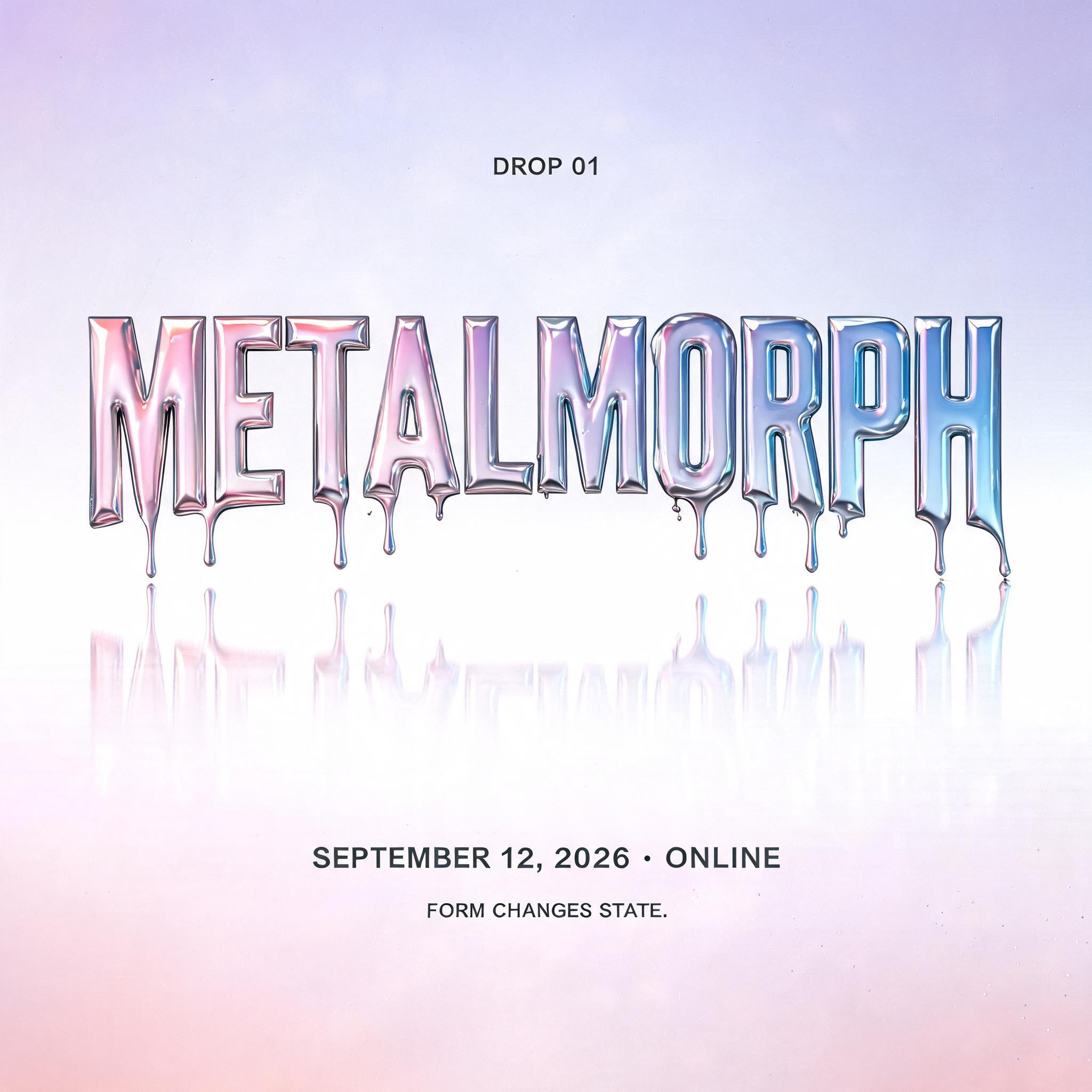 "METALMORPH
DROP 01
SEPTEMBER 12, 2026 · ONLINE
FORM CHANGES STATE." — Y2k Liquid text effect