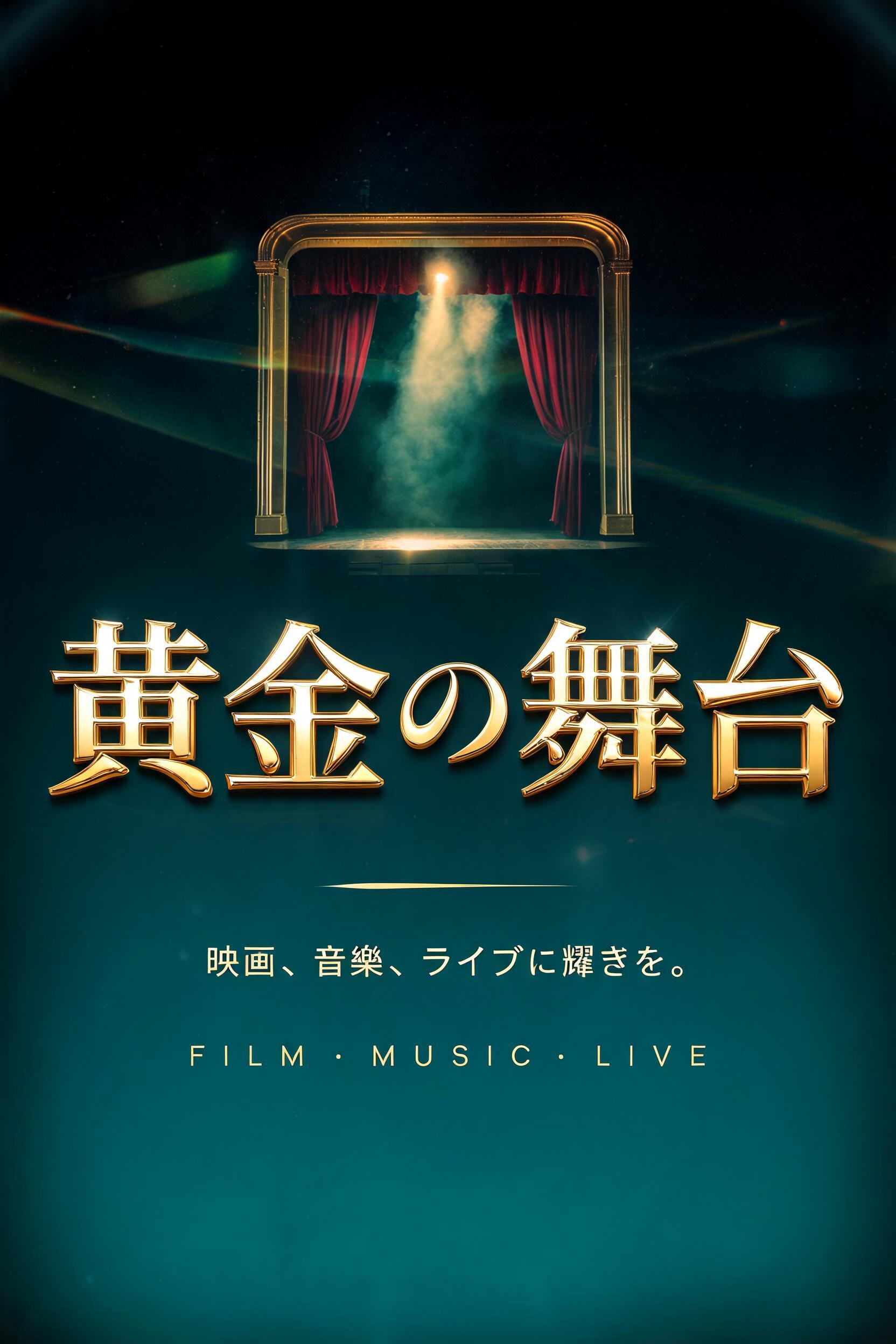 "黄金の舞台
映画、音楽、ライブに輝きを。
FILM · MUSIC · LIVE" — Cinematic | AI Text Effect Generator