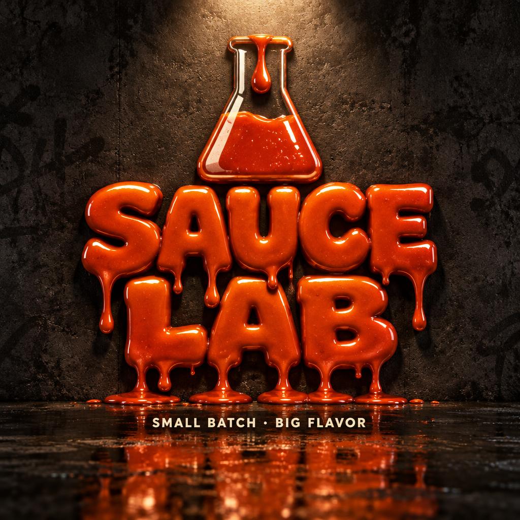 "SAUCE LAB
SMALL BATCH · BIG FLAVOR" — drip font text effect