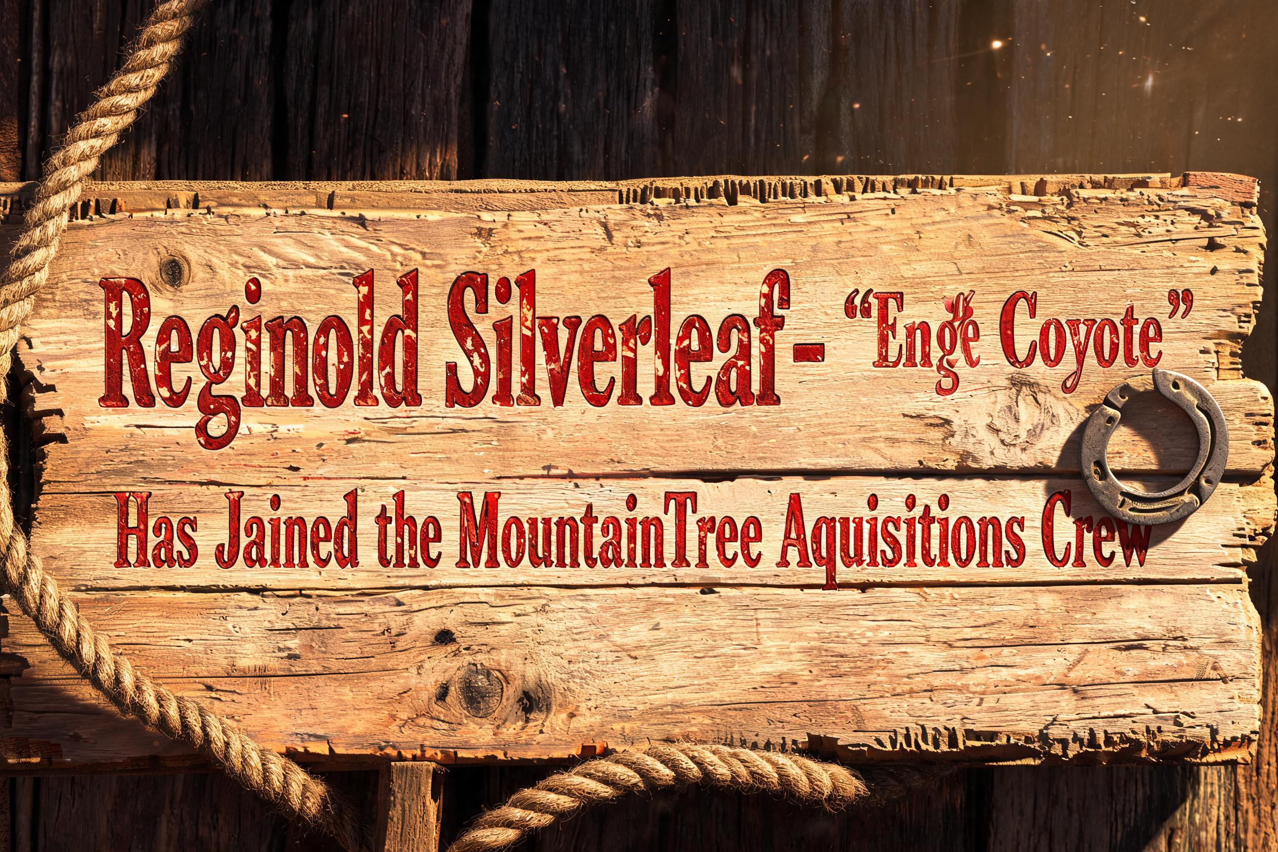 "Reginold Silverleaf - "Coyote"
Has Joined the MountainTree Aquisitions Crew" — Western | AI Text Effect Generator