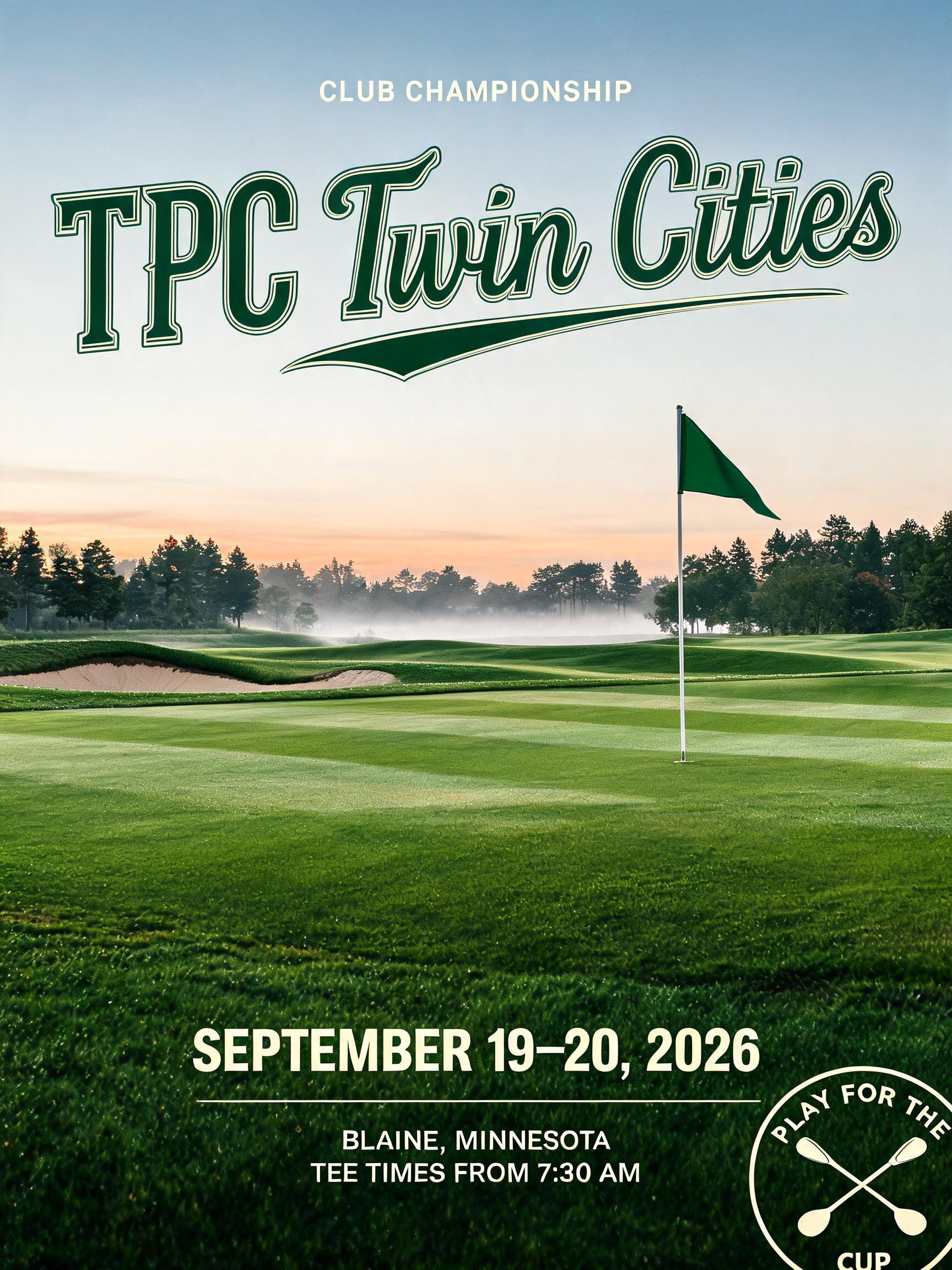 "TPC Twin Cities
CLUB CHAMPIONSHIP
SEPTEMBER 19–20, 2026
BLAINE, MINNESOTA
TEE TIMES FROM 7:30 AM
PLAY FOR THE CUP" —  | AI Text Effect Generator