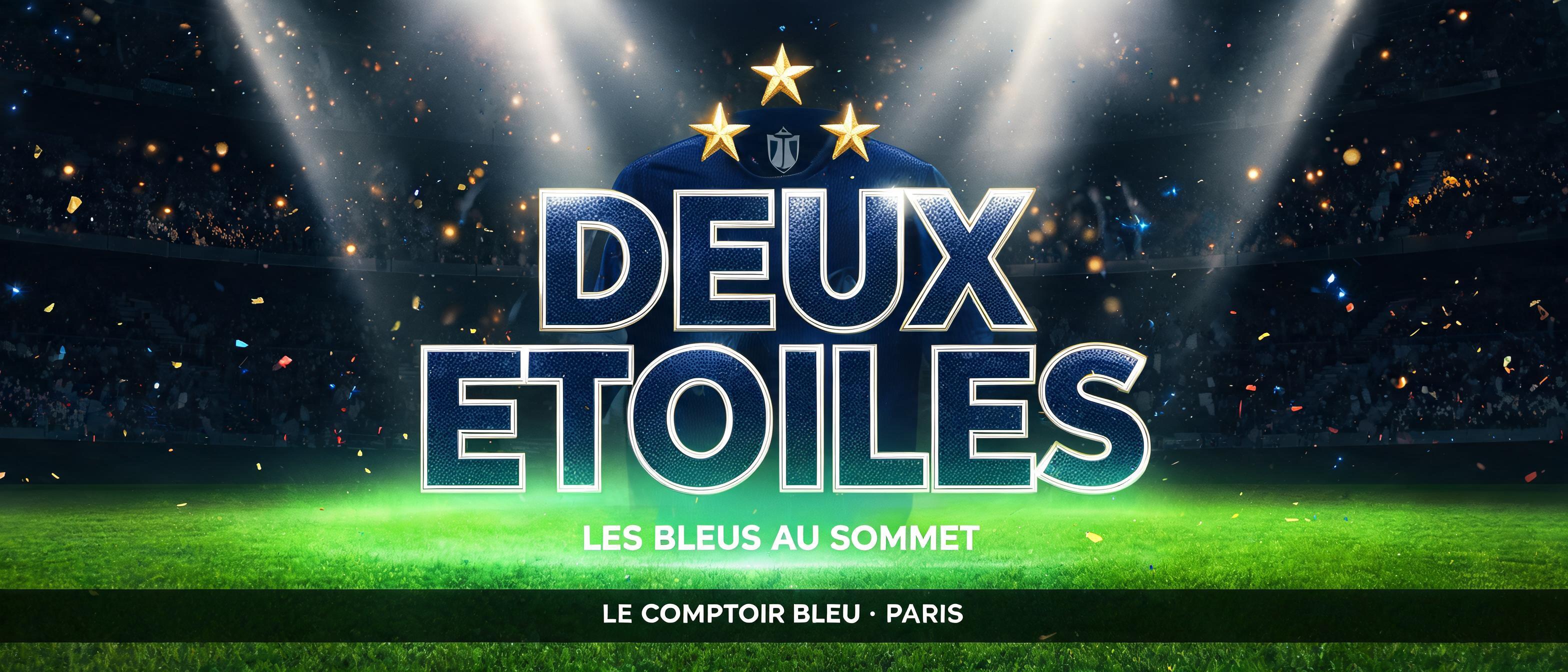 "DEUX ETOILES
LES BLEUS AU SOMMET
LE COMPTOIR BLEU · PARIS" — Sports Football | AI Text Effect Generator