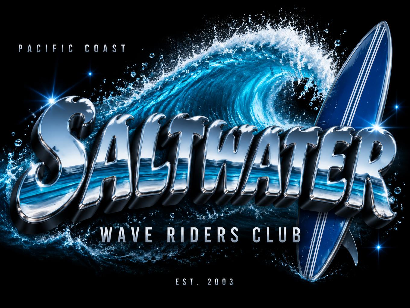 "SALTWATER
PACIFIC COAST
WAVE RIDERS CLUB
EST. 2003" — chrome metal 3d text effect