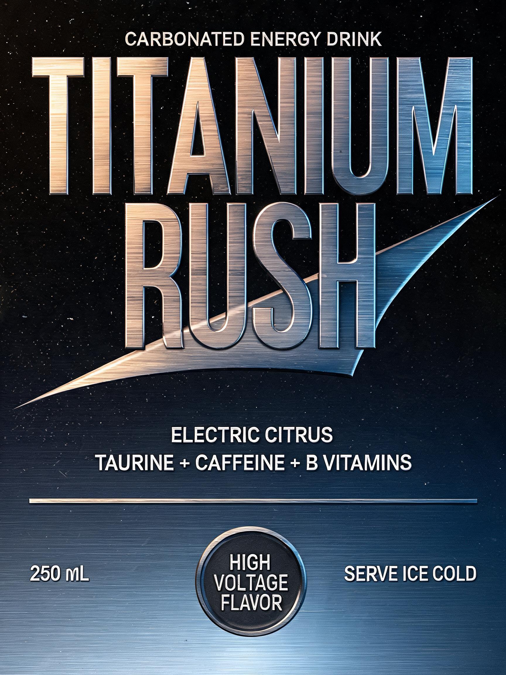 "TITANIUM
RUSH
CARBONATED ENERGY DRINK
ELECTRIC CITRUS
TAURINE + CAFFEINE + B VITAMINS
250 mL
SERVE ICE COLD
HIGH VOLTAGE FLAVOR" — Metallic | AI Text Effect Generator
