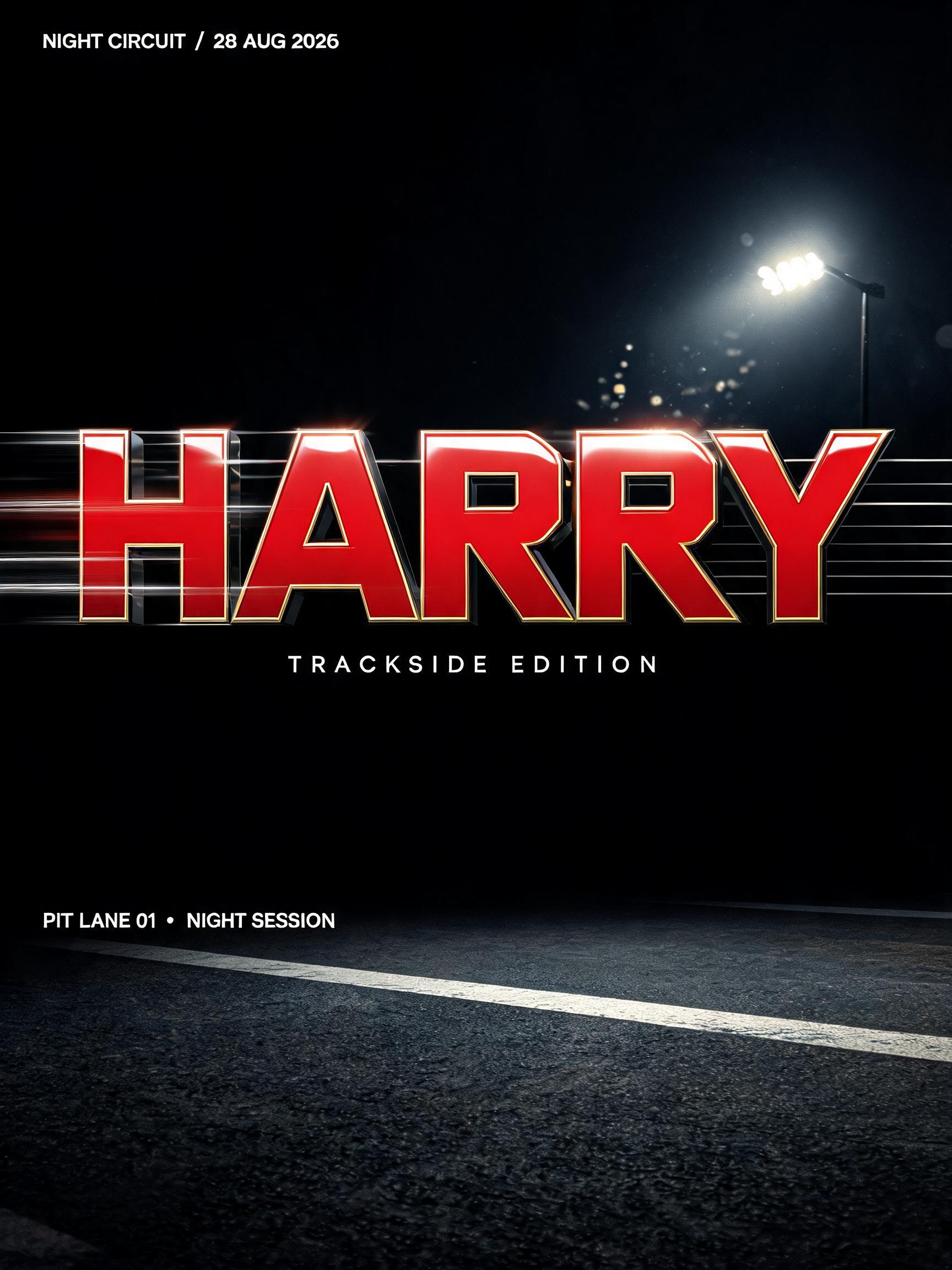 "HARRY
NIGHT CIRCUIT / 28 AUG 2026
TRACKSIDE EDITION
PIT LANE 01  •  NIGHT SESSION" — Racing | AI Text Effect Generator