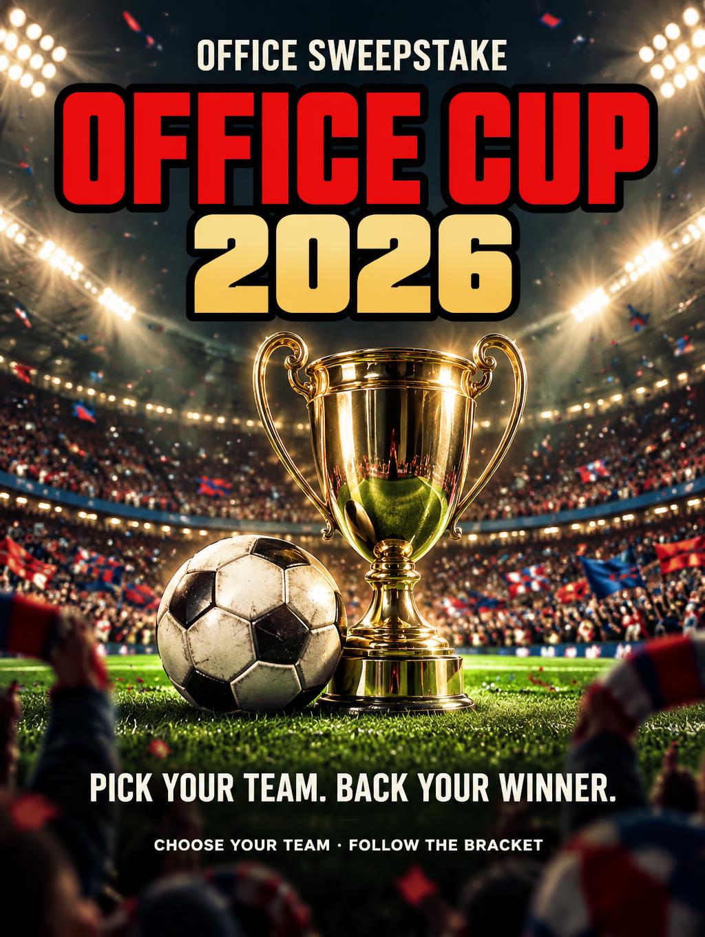 "OFFICE CUP
2026
OFFICE SWEEPSTAKE
PICK YOUR TEAM. BACK YOUR WINNER.
CHOOSE YOUR TEAM · FOLLOW THE BRACKET" — Sports Football | AI Text Effect Generator