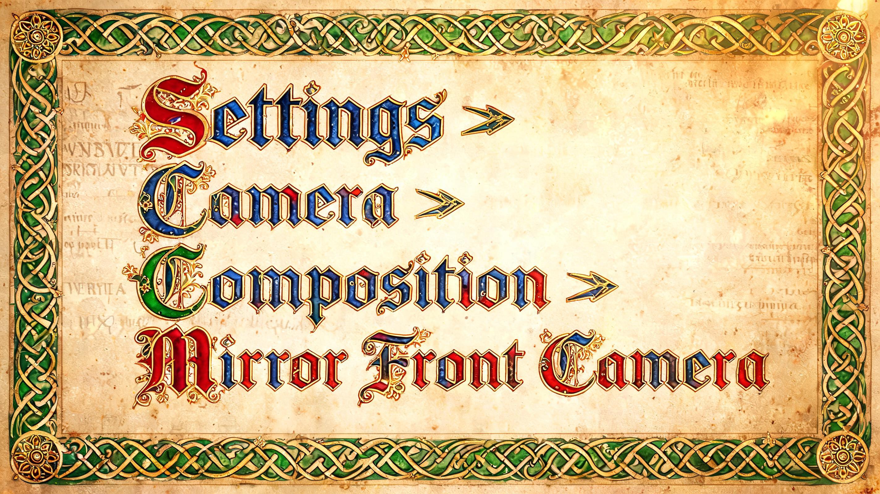"Settings > Camera > Composition > Mirror Front Camera" — Medieval | AI Text Effect Generator