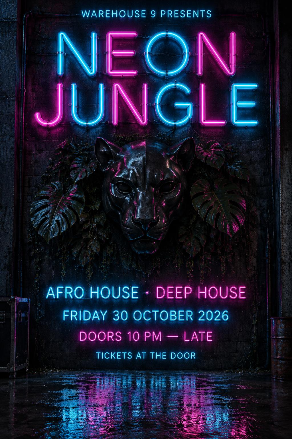 "NEON JUNGLE
WAREHOUSE 9 PRESENTS
AFRO HOUSE · DEEP HOUSE
FRIDAY 30 OCTOBER 2026
DOORS 10 PM — LATE
TICKETS AT THE DOOR" — Neon Glow | AI Text Effect Generator