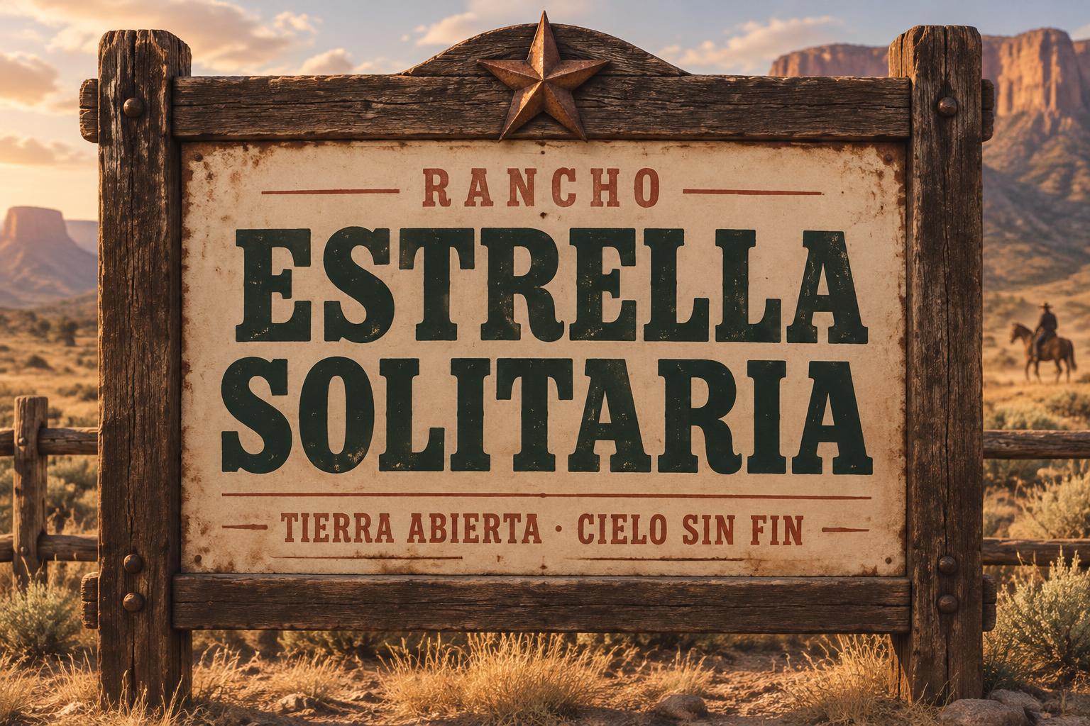 "ESTRELLA
SOLITARIA
RANCHO
TIERRA ABIERTA · CIELO SIN FIN" — Vintage | AI Text Effect Generator