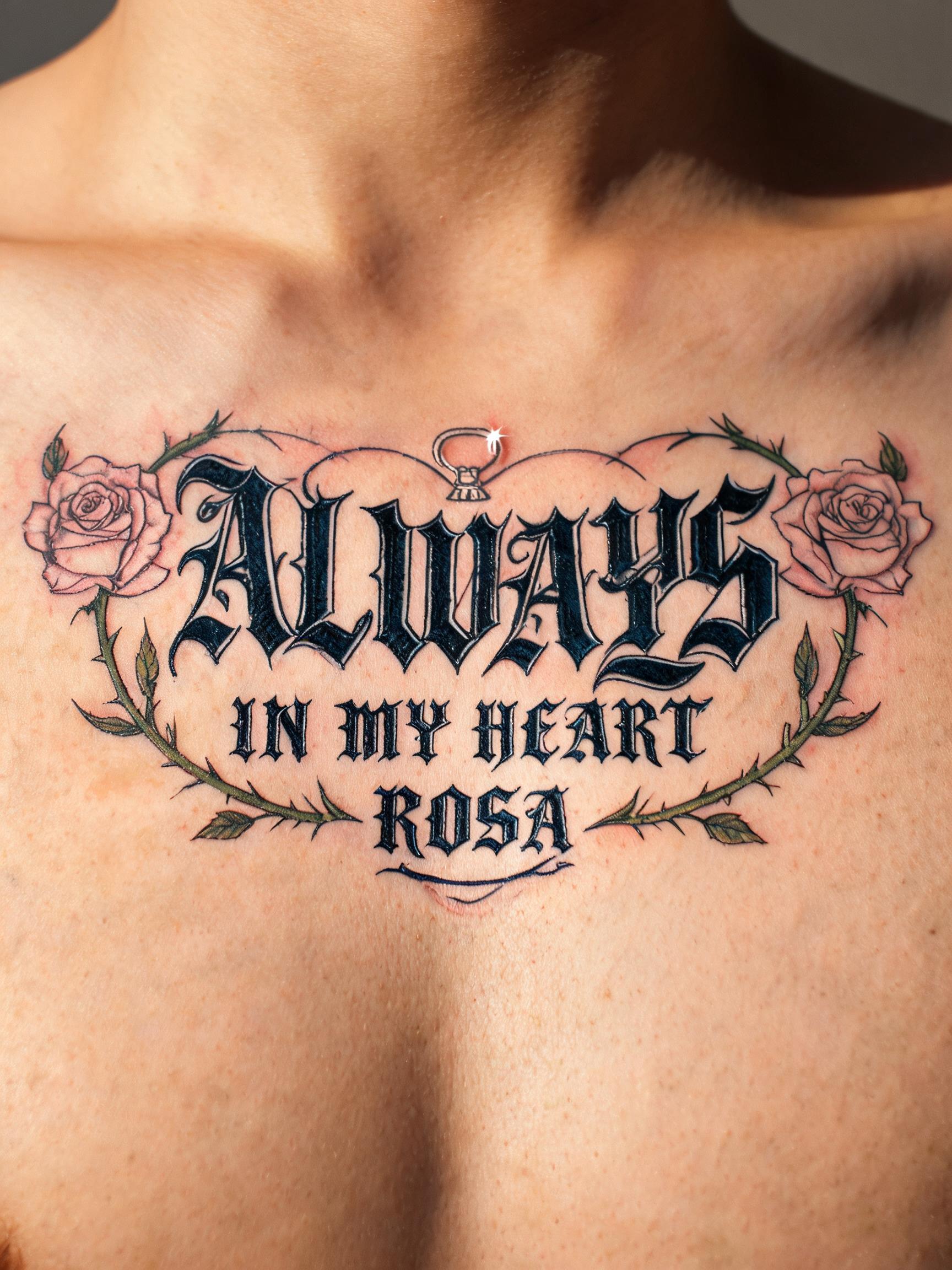 "ALWAYS
IN MY HEART
ROSA" — Tattoo | AI Text Effect Generator