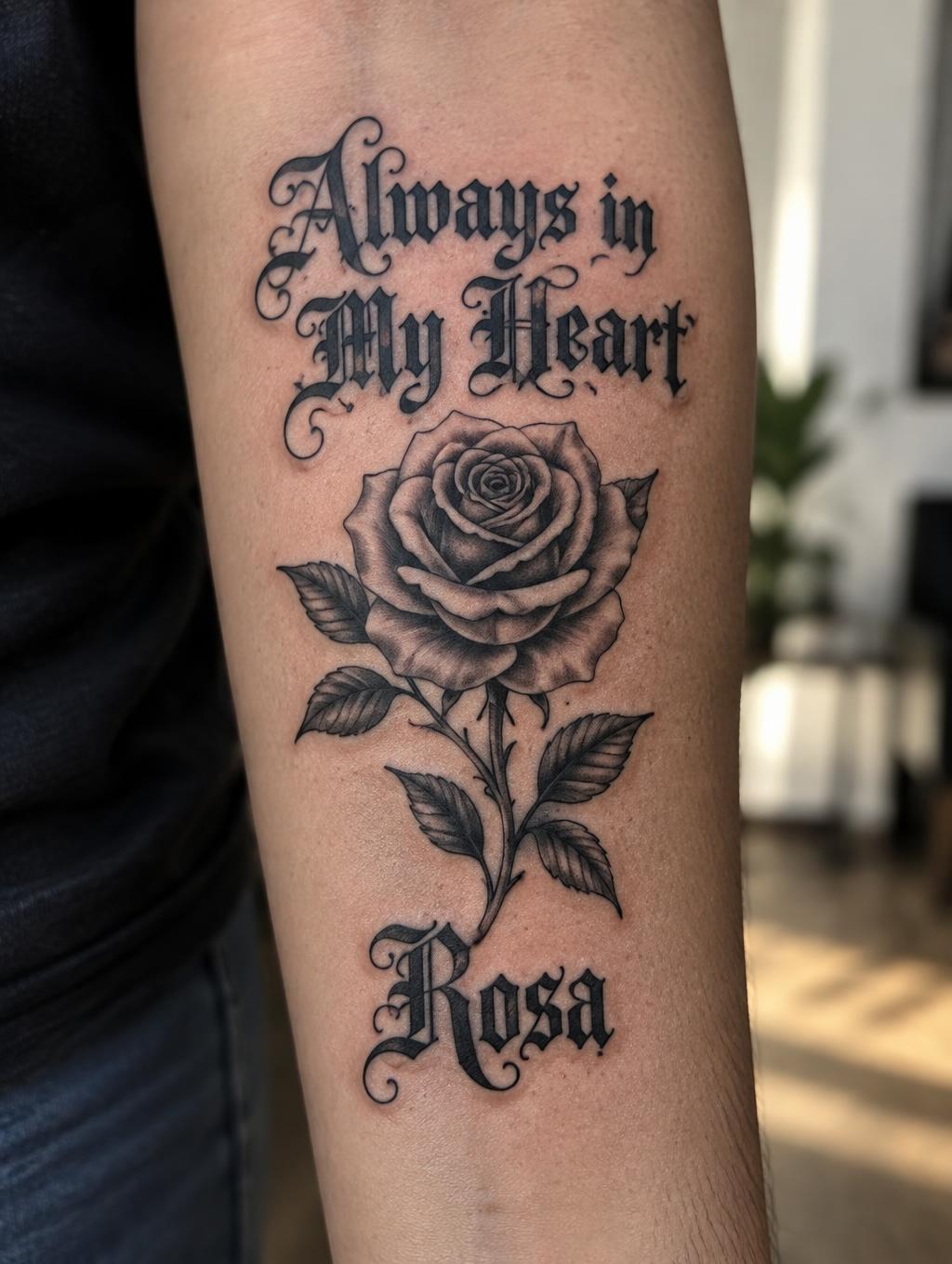 "Always in My Heart
Rosa" — Tattoo | AI Text Effect Generator