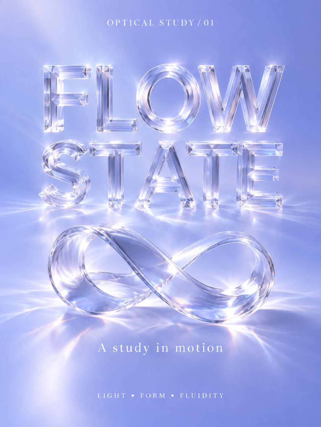 "FLOW STATE
A study in motion
LIGHT • FORM • FLUIDITY
OPTICAL STUDY / 01" — Glass | AI Text Effect Generator