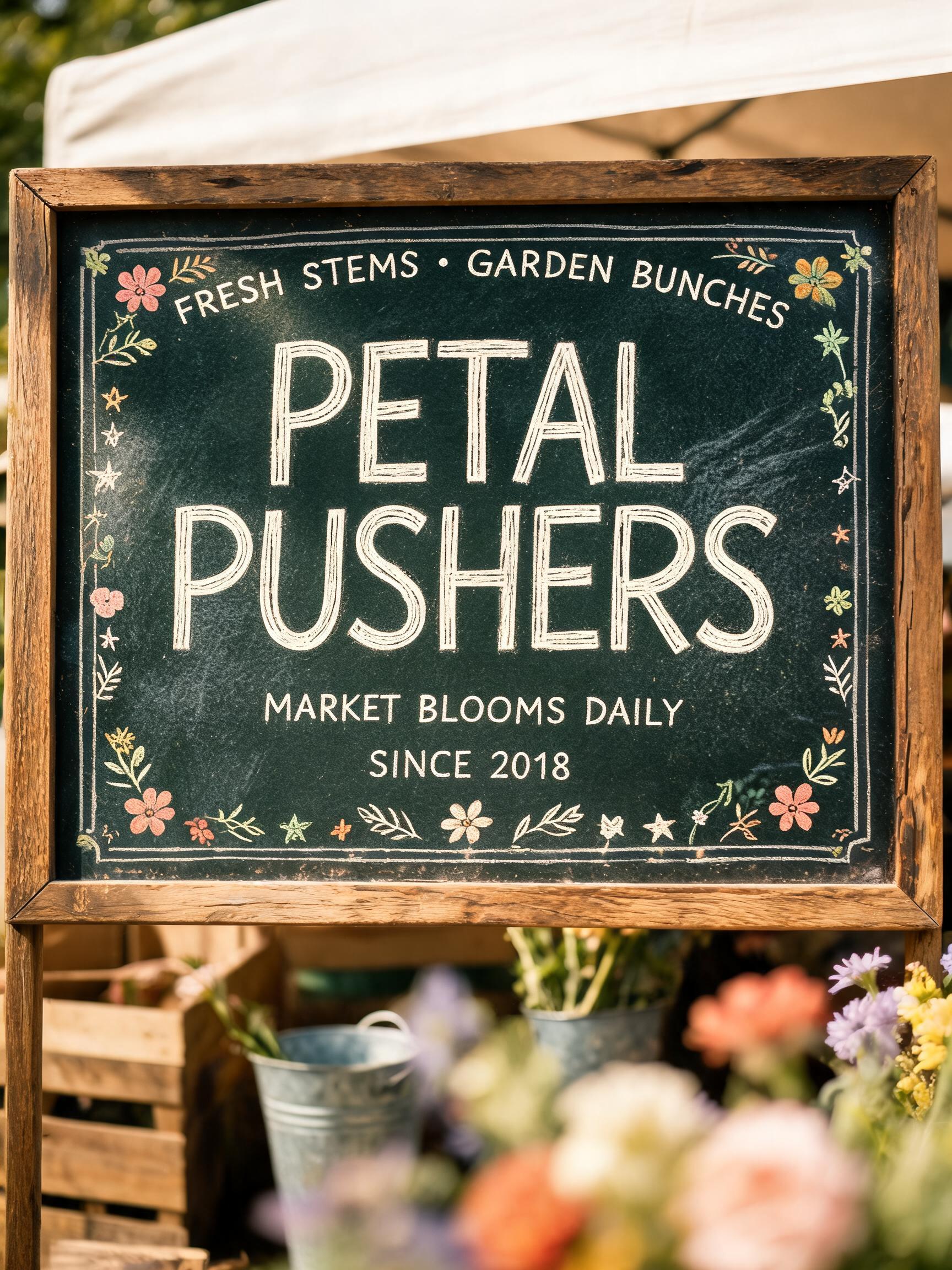 PETAL
PUSHERS
FRESH STEMS • GARDEN BUNCHES
MARKET BLOOMS DAILY
SINCE 2018