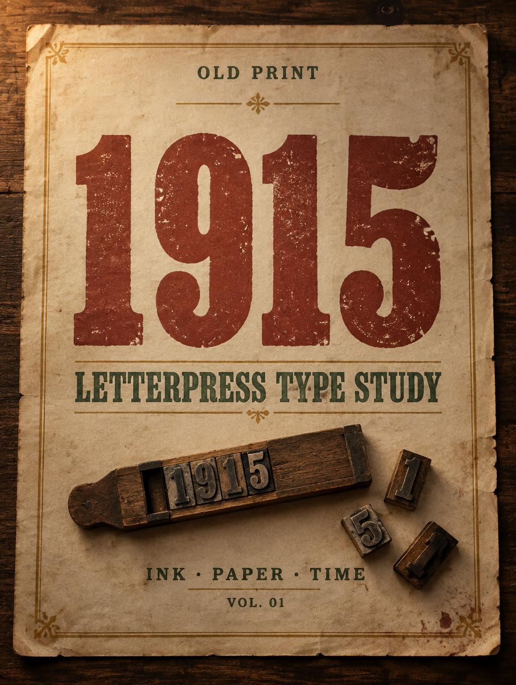 "1915
OLD PRINT
LETTERPRESS TYPE STUDY
INK · PAPER · TIME
VOL. 01" — Vintage | AI Text Effect Generator