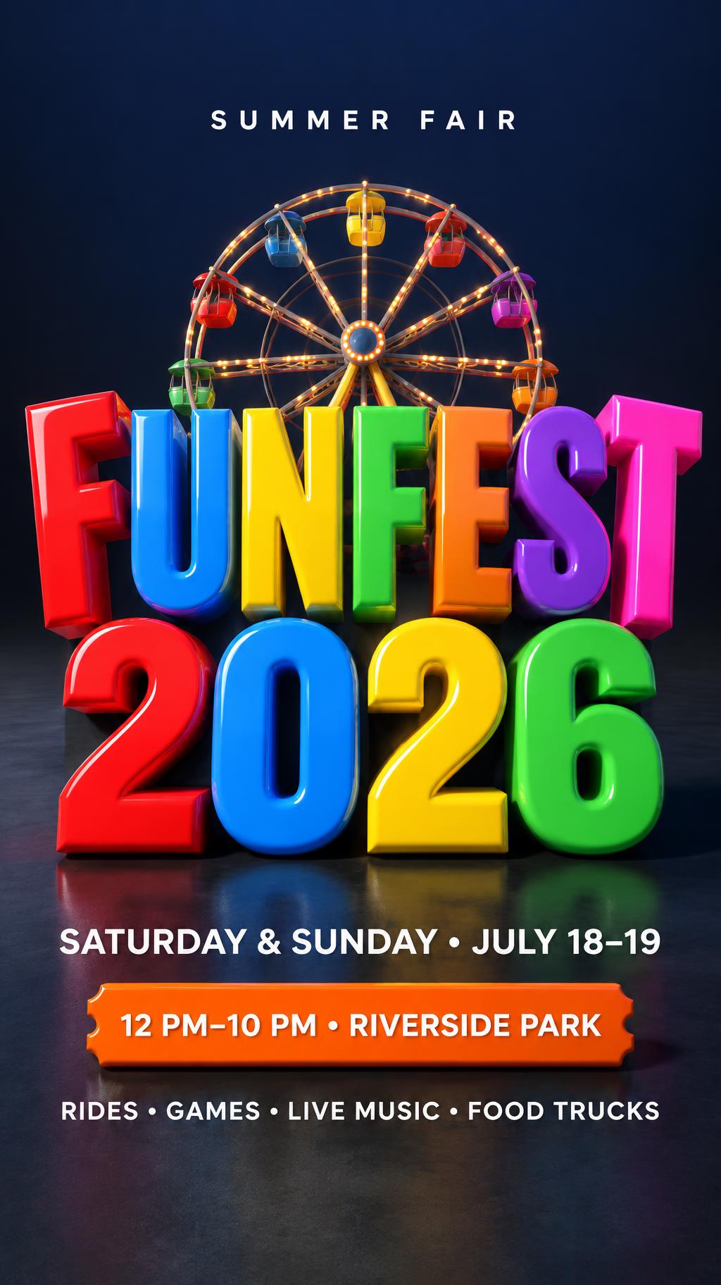 FUNFEST
2026
SUMMER FAIR
SATURDAY & SUNDAY • JULY 18–19
12 PM–10 PM • RIVERSIDE PARK
RIDES • GAMES • LIVE MUSIC • FOOD TRUCKS