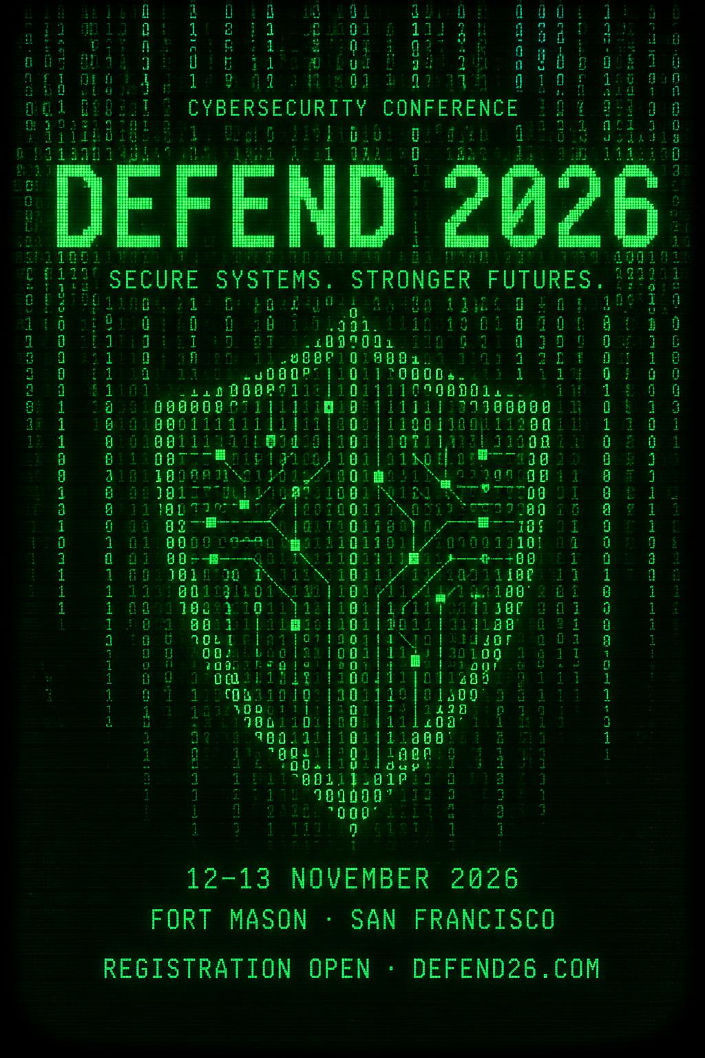 "DEFEND 2026
CYBERSECURITY CONFERENCE
SECURE SYSTEMS. STRONGER FUTURES.
12–13 NOVEMBER 2026
FORT MASON · SAN FRANCISCO
REGISTRATION OPEN · DEFEND26.COM" — Cyberpunk Data Stream | AI Text Effect Generator
