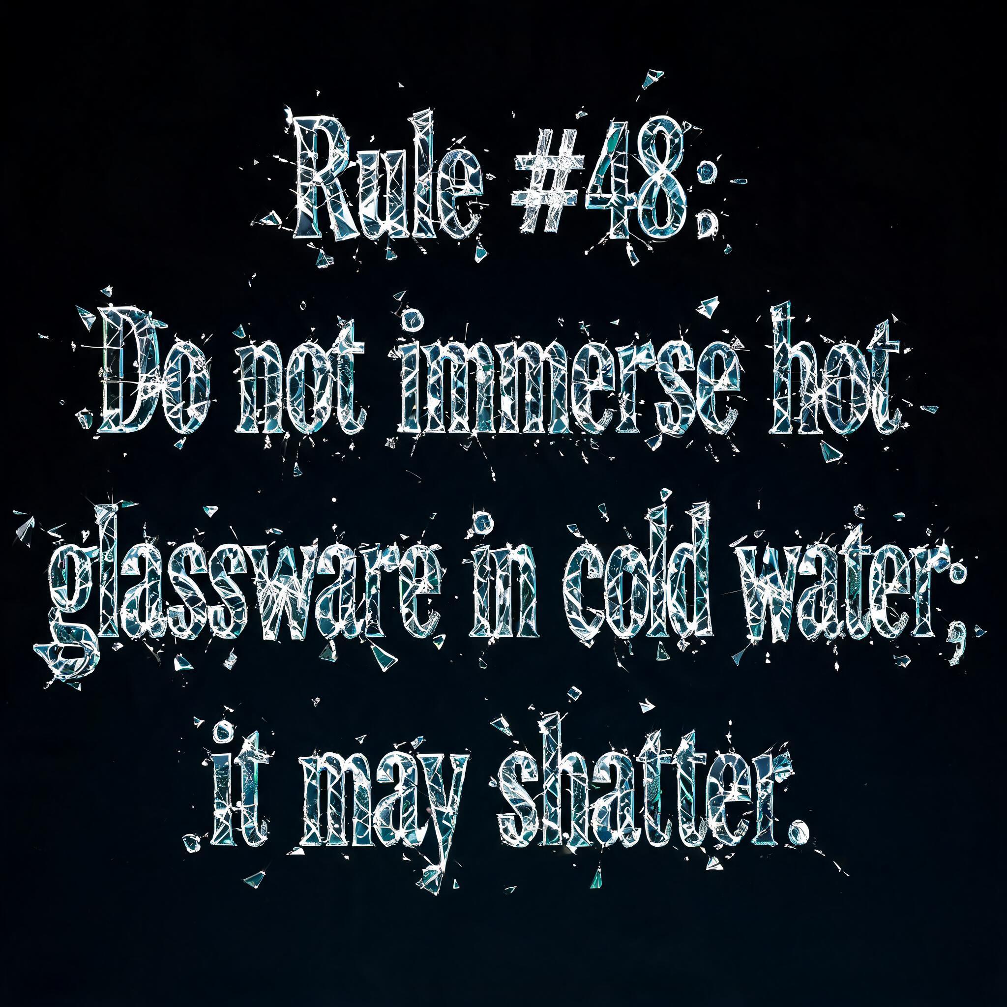 "Rule #48: Do not immerse hot glassware in cold water; it may shatter." — Glass Broken | AI Text Effect Generator