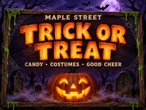 "TRICK OR TREAT
MAPLE STREET
CANDY • COSTUMES • GOOD CHEER" — Halloween text effect