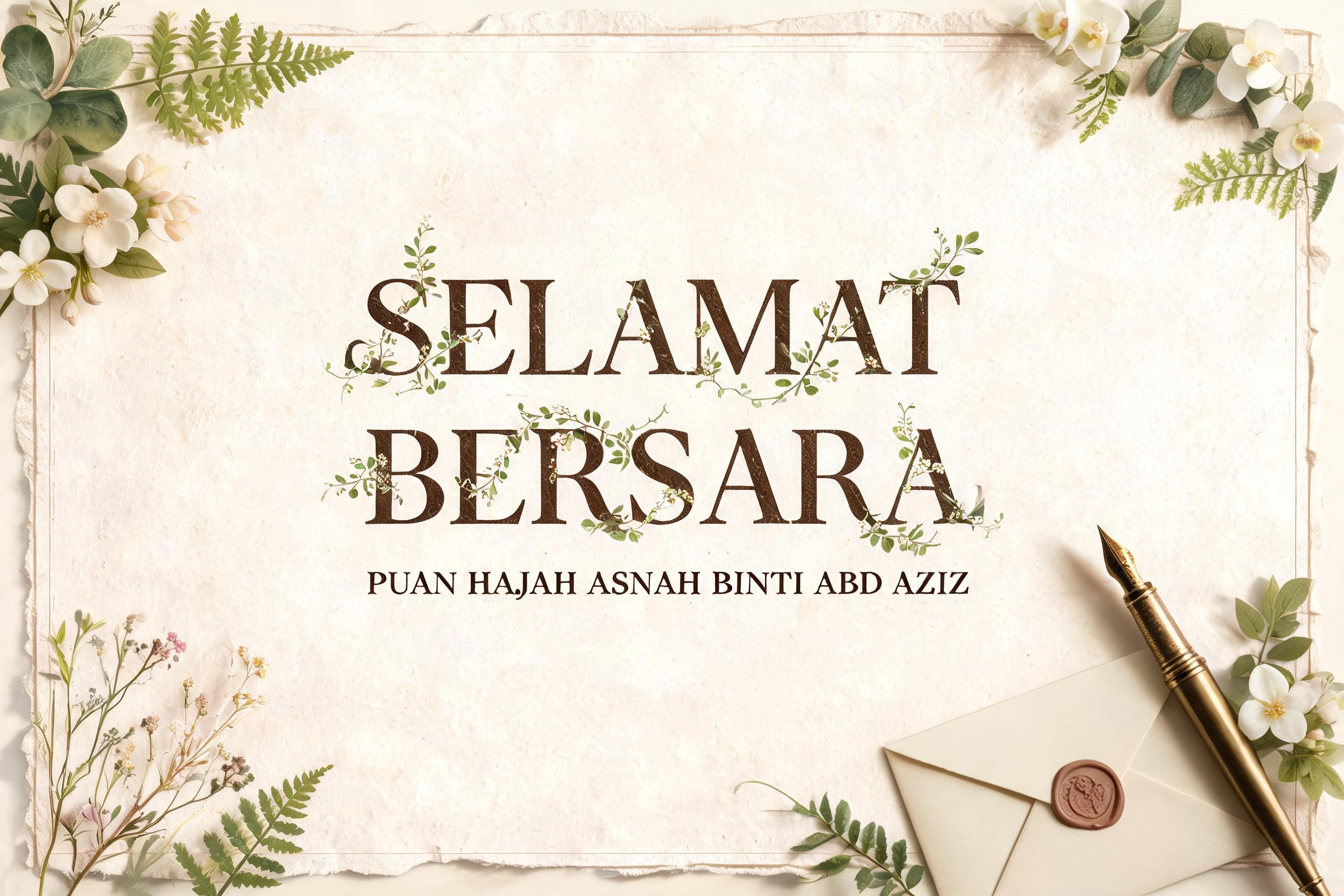 "SELAMAT BERSARA
PUAN HAJAH ASNAH BINTI ABD AZIZ" —  | AI Text Effect Generator