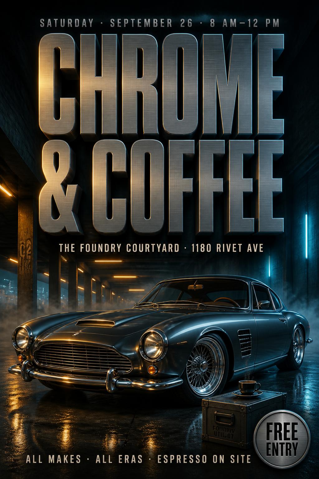 "CHROME
& COFFEE
SATURDAY · SEPTEMBER 26 · 8 AM–12 PM
THE FOUNDRY COURTYARD · 1180 RIVET AVE
ALL MAKES · ALL ERAS · ESPRESSO ON SITE
FREE ENTRY" — Metallic | AI Text Effect Generator