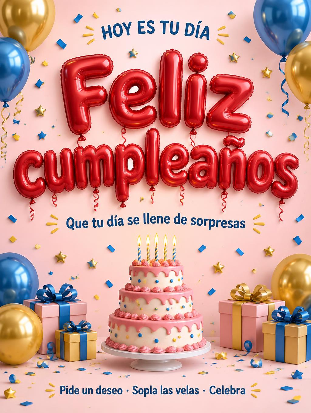 "Feliz cumpleaños
HOY ES TU DÍA
Que tu día se llene de sorpresas
Pide un deseo · Sopla las velas · Celebra" — Fiesta De LáTex text effect