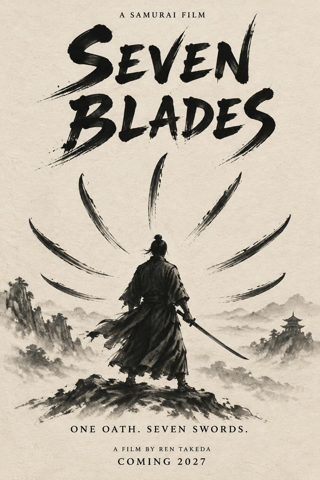 "A SAMURAI FILM
SEVEN BLADES
ONE OATH. SEVEN SWORDS.
A FILM BY REN TAKEDA
COMING 2027" — Brush Japanese Ink | AI Text Effect Generator
