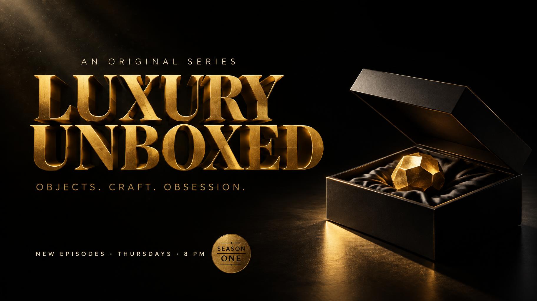 "LUXURY
UNBOXED
AN ORIGINAL SERIES
OBJECTS. CRAFT. OBSESSION.
NEW EPISODES · THURSDAYS · 8 PM
SEASON ONE" — 3d Bold Gold | AI Text Effect Generator