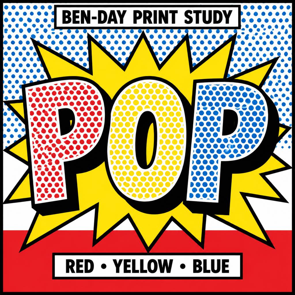 "POP
BEN-DAY PRINT STUDY
RED • YELLOW • BLUE" — Pop Art | AI Text Effect Generator