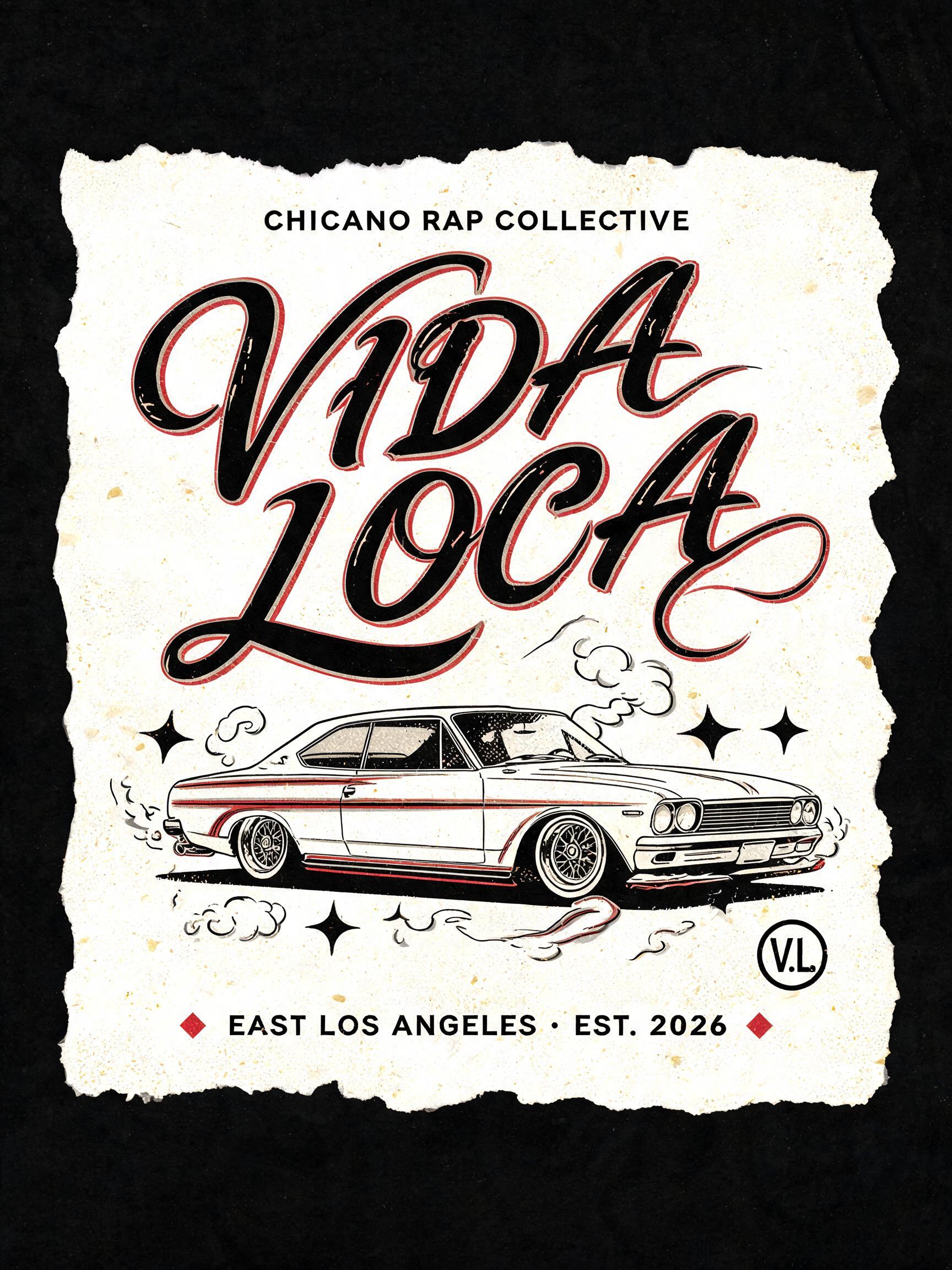 "VIDA LOCA
CHICANO RAP COLLECTIVE
EAST LOS ANGELES · EST. 2026
V.L." — Chicano | AI Text Effect Generator