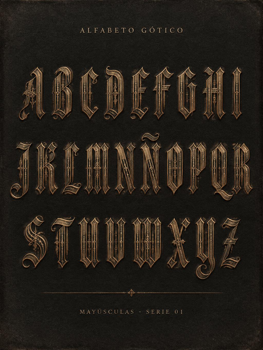 "A B C D E F G H I J K L M N Ñ O P Q R S T U V W X Y Z
ALFABETO GÓTICO
MAYÚSCULAS · SERIE 01" — Gothic | AI Text Effect Generator