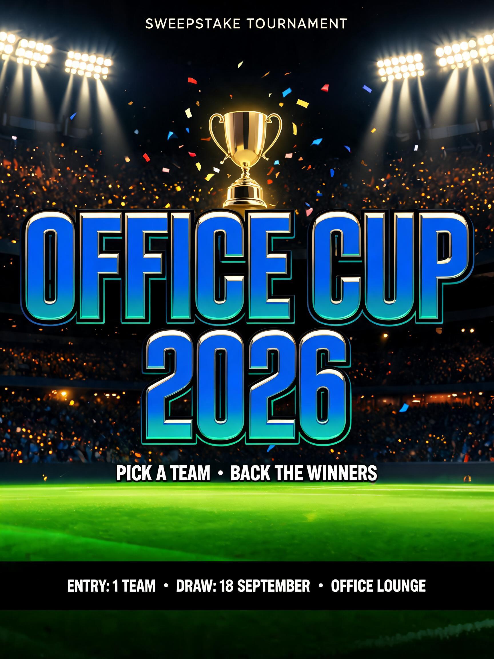 OFFICE CUP
2026
SWEEPSTAKE TOURNAMENT
PICK A TEAM • BACK THE WINNERS
ENTRY: 1 TEAM  •  DRAW: 18 SEPTEMBER  •  OFFICE LOUNGE
