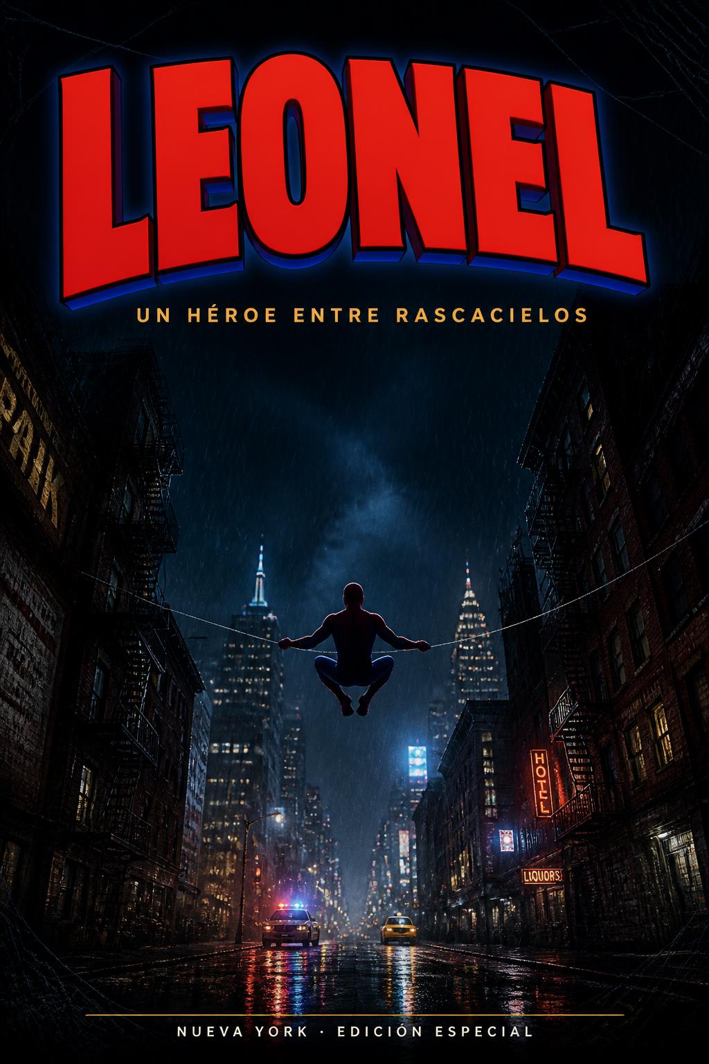 "LEONEL
UN HÉROE ENTRE RASCACIELOS
NUEVA YORK · EDICIÓN ESPECIAL" — Spider Hero | AI Text Effect Generator