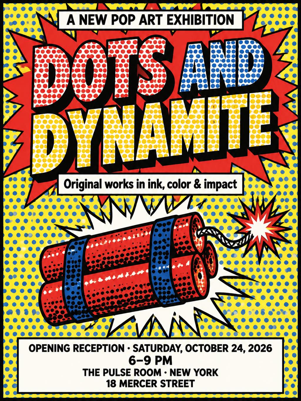 "DOTS AND DYNAMITE
A NEW POP ART EXHIBITION
Original works in ink, color & impact
OPENING RECEPTION · SATURDAY, OCTOBER 24, 2026
6–9 PM
THE PULSE ROOM · NEW YORK
18 MERCER STREET" — Pop Art | AI Text Effect Generator