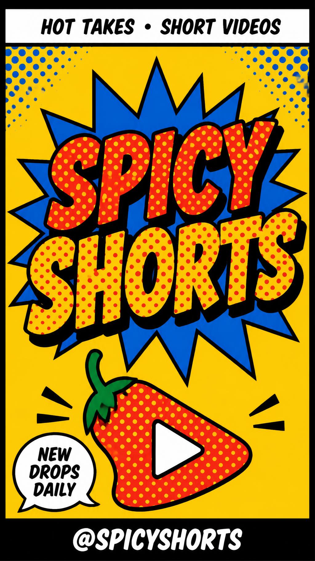 "SPICY
SHORTS
HOT TAKES • SHORT VIDEOS
NEW DROPS DAILY
@SPICYSHORTS" — Pop Art text effect