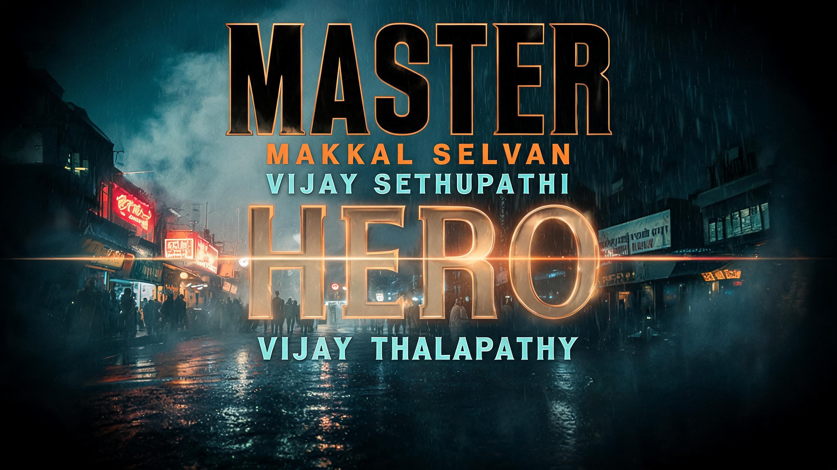 "MASTER
MAKKAL SELVAN
 VIJAY SETHUPATHI 
 HERO
VIJAY THALAPATHY" — Cinematic | AI Text Effect Generator