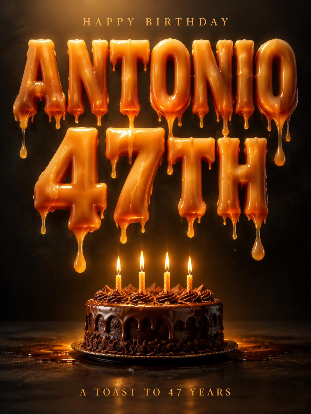 "ANTONIO
47TH
HAPPY BIRTHDAY
A TOAST TO 47 YEARS" — Drip Font Melting | AI Text Effect Generator
