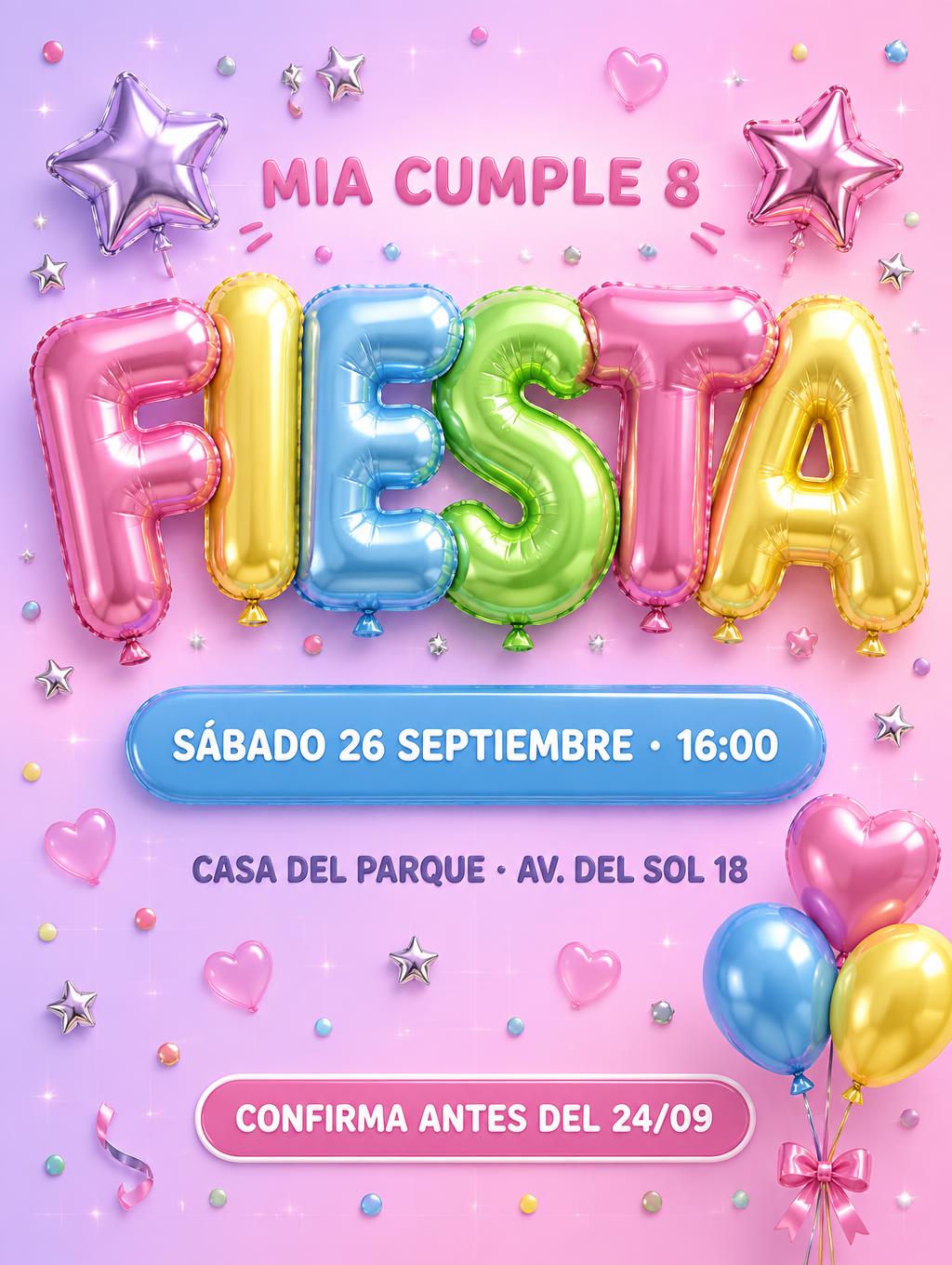 "FIESTA
MIA CUMPLE 8
SÁBADO 26 SEPTIEMBRE · 16:00
CASA DEL PARQUE · AV. DEL SOL 18
CONFIRMA ANTES DEL 24/09" — Y2k Bubbly | AI Text Effect Generator