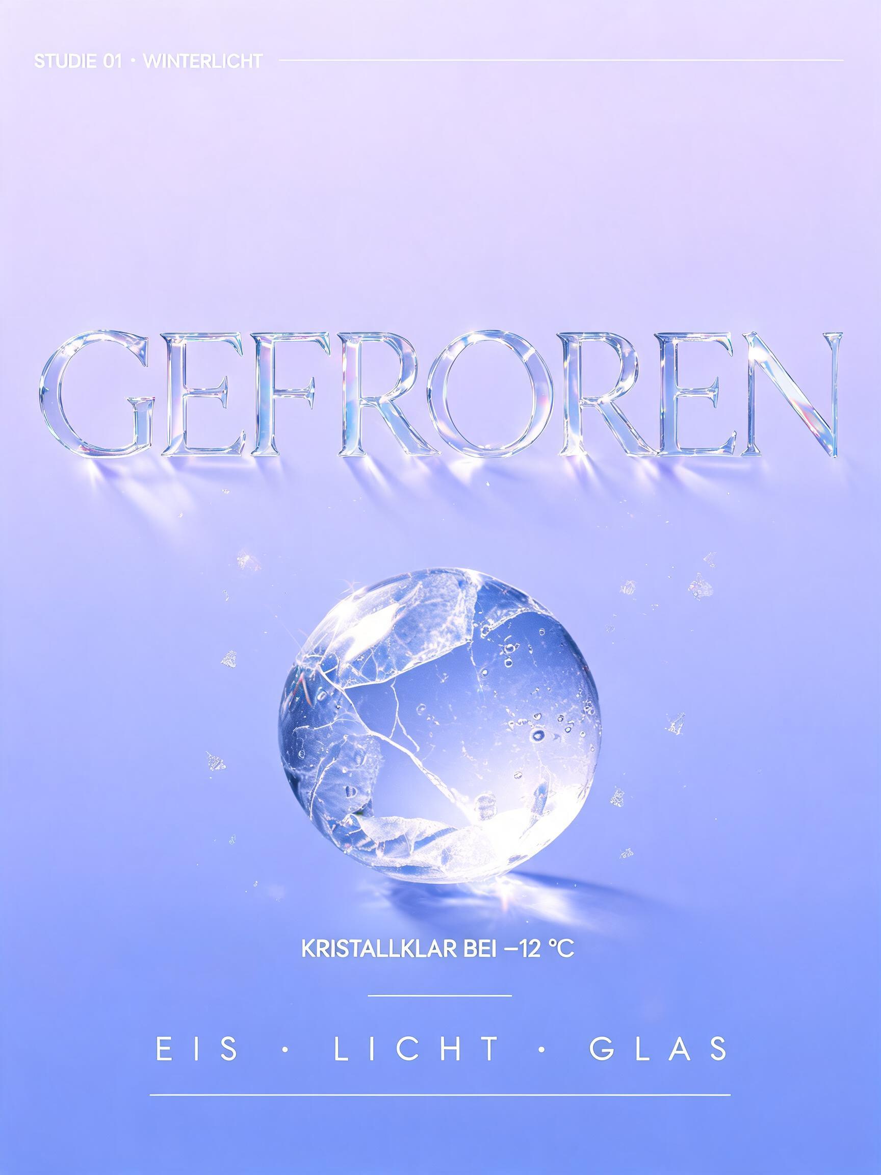 "GEFROREN
STUDIE 01 · WINTERLICHT
KRISTALLKLAR BEI −12 °C
EIS · LICHT · GLAS" — Glass | AI Text Effect Generator