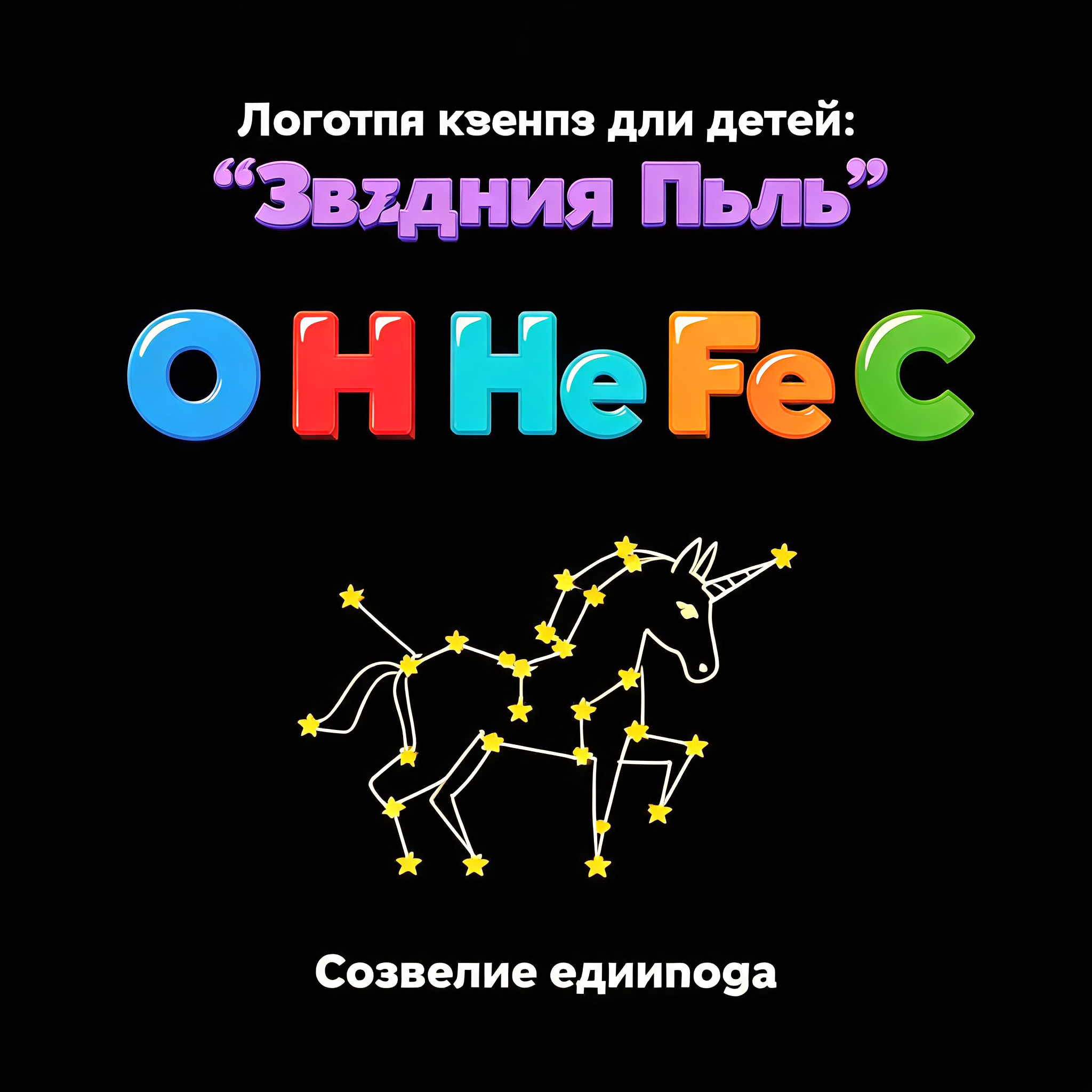 "Логотип квеста для детей: "Звездная Пыль". По возможности использовать обозначение периодических элементов O, H, He, Fe, C. Созвездие единорога." — 3d Bold | AI Text Effect Generator