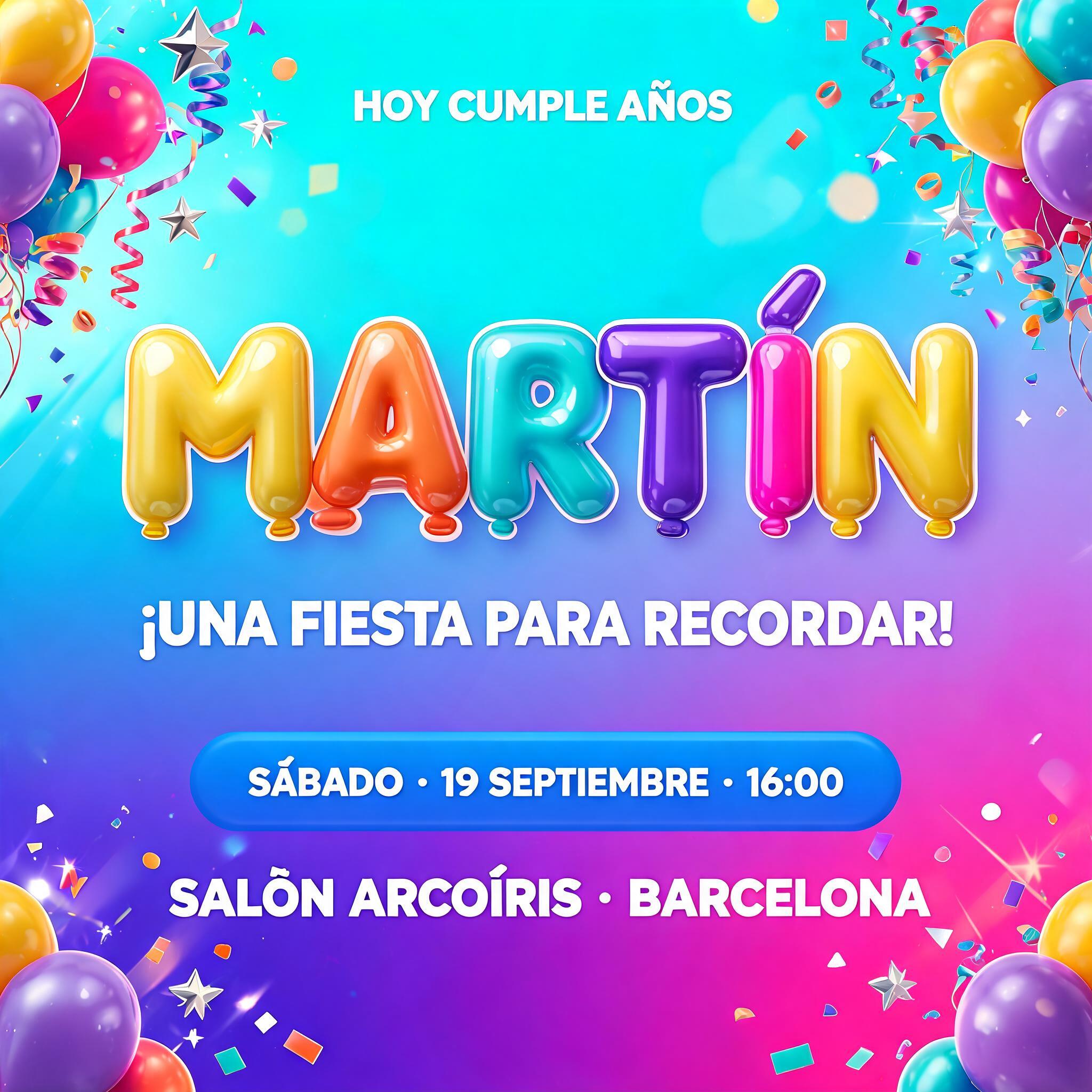 "MARTÍN
HOY CUMPLE AÑOS
¡UNA FIESTA PARA RECORDAR!
SÁBADO · 19 SEPTIEMBRE · 16:00
SALÓN ARCOÍRIS · BARCELONA" — birthday text effect