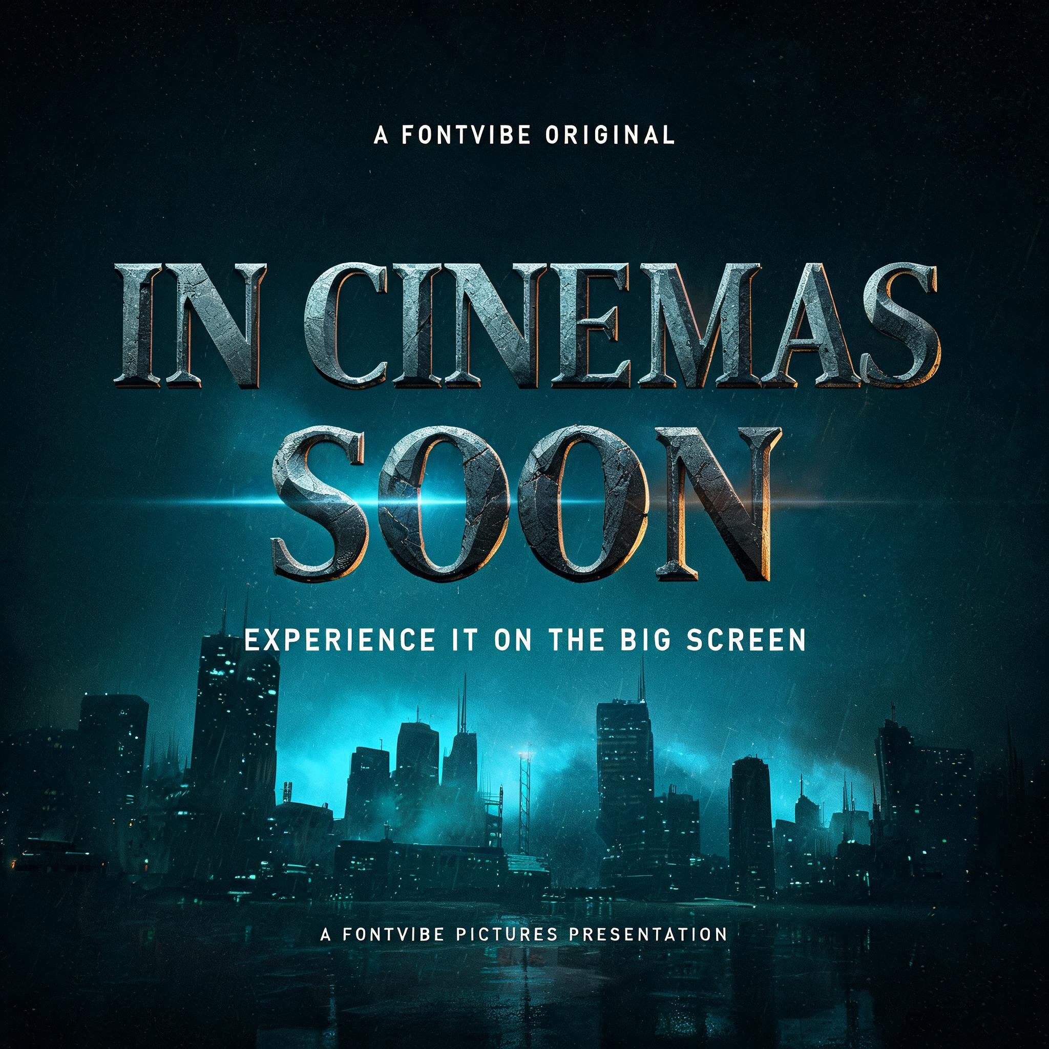 "IN CINEMAS
SOON
A FONTVIBE ORIGINAL
EXPERIENCE IT ON THE BIG SCREEN
A FONTVIBE PICTURES PRESENTATION" — Cinematic | AI Text Effect Generator