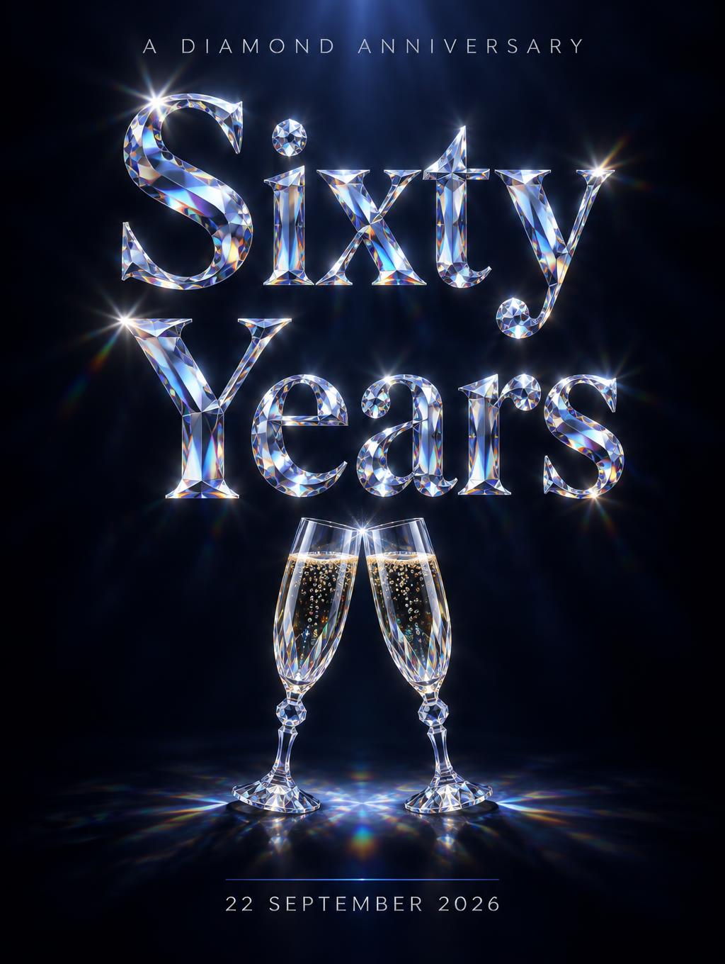 "Sixty Years
A DIAMOND ANNIVERSARY
22 SEPTEMBER 2026" — Glass Crystal | AI Text Effect Generator