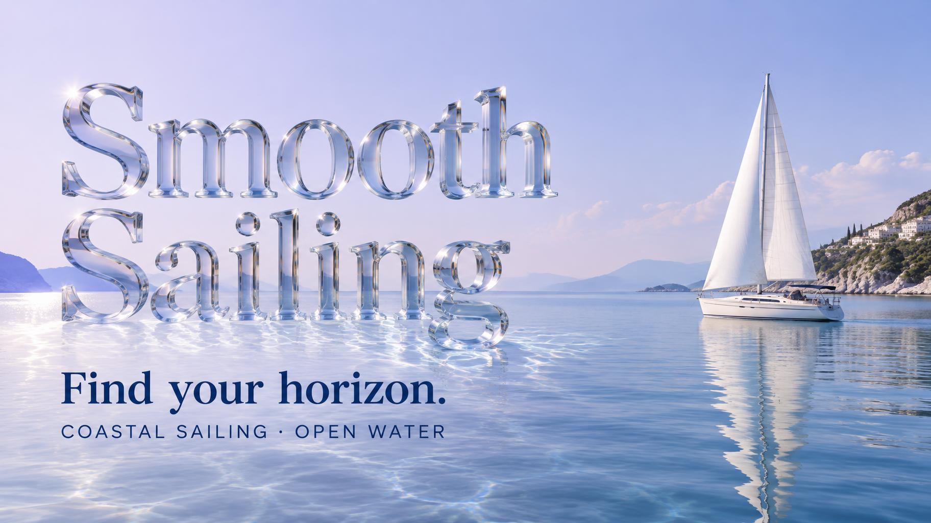 "Smooth Sailing
Find your horizon.
COASTAL SAILING · OPEN WATER" — Glass | AI Text Effect Generator