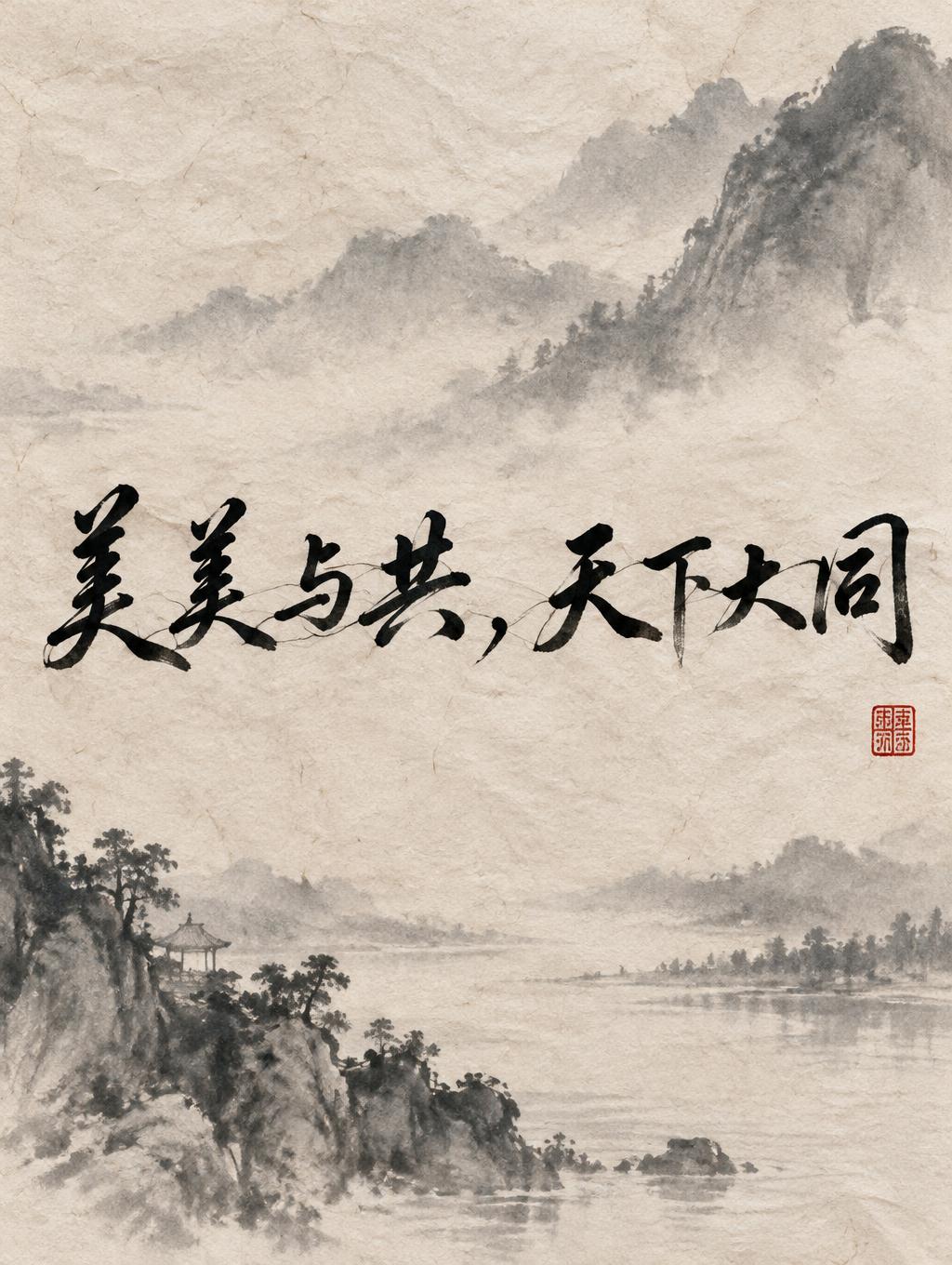 "美美与共，天下大同" — Brush Chinese Ink | AI Text Effect Generator