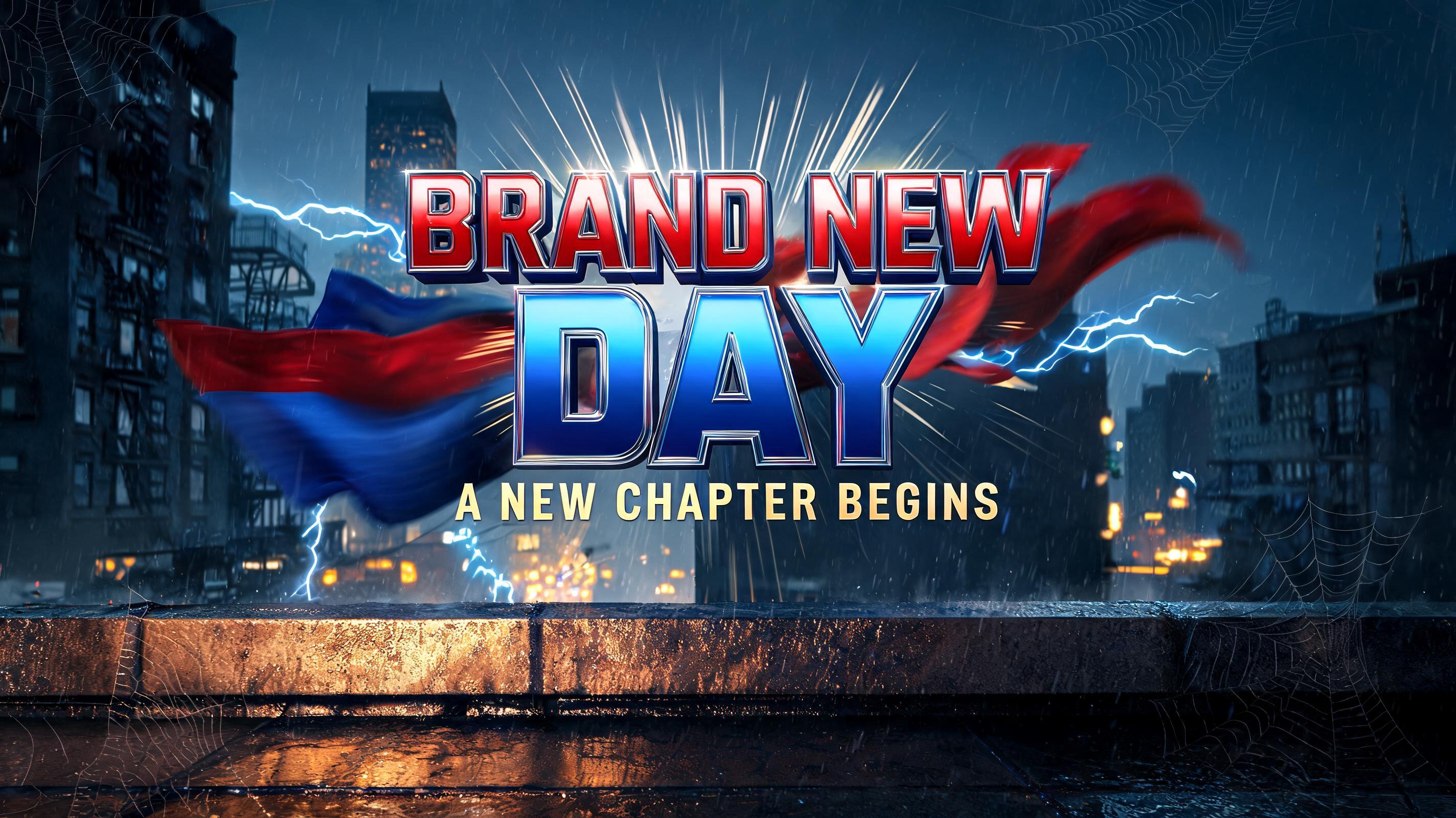 "Make me a wide title card that says BRAND NEW DAY in red-and-blue 3D type" — Spider Hero | AI Text Effect Generator