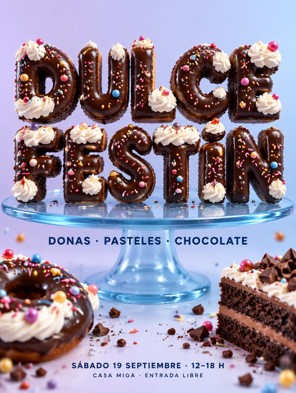 "DULCE
FESTÍN
DONAS · PASTELES · CHOCOLATE
SÁBADO 19 SEPTIEMBRE · 12–18 H
CASA MIGA · ENTRADA LIBRE" — Glass Liquid text effect
