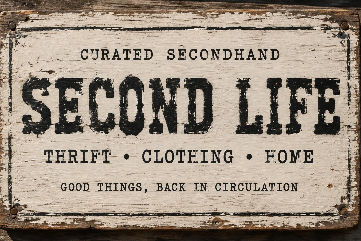 "SECOND LIFE
CURATED SECONDHAND
THRIFT • CLOTHING • HOME
GOOD THINGS, BACK IN CIRCULATION" — Brush Dry | AI Text Effect Generator