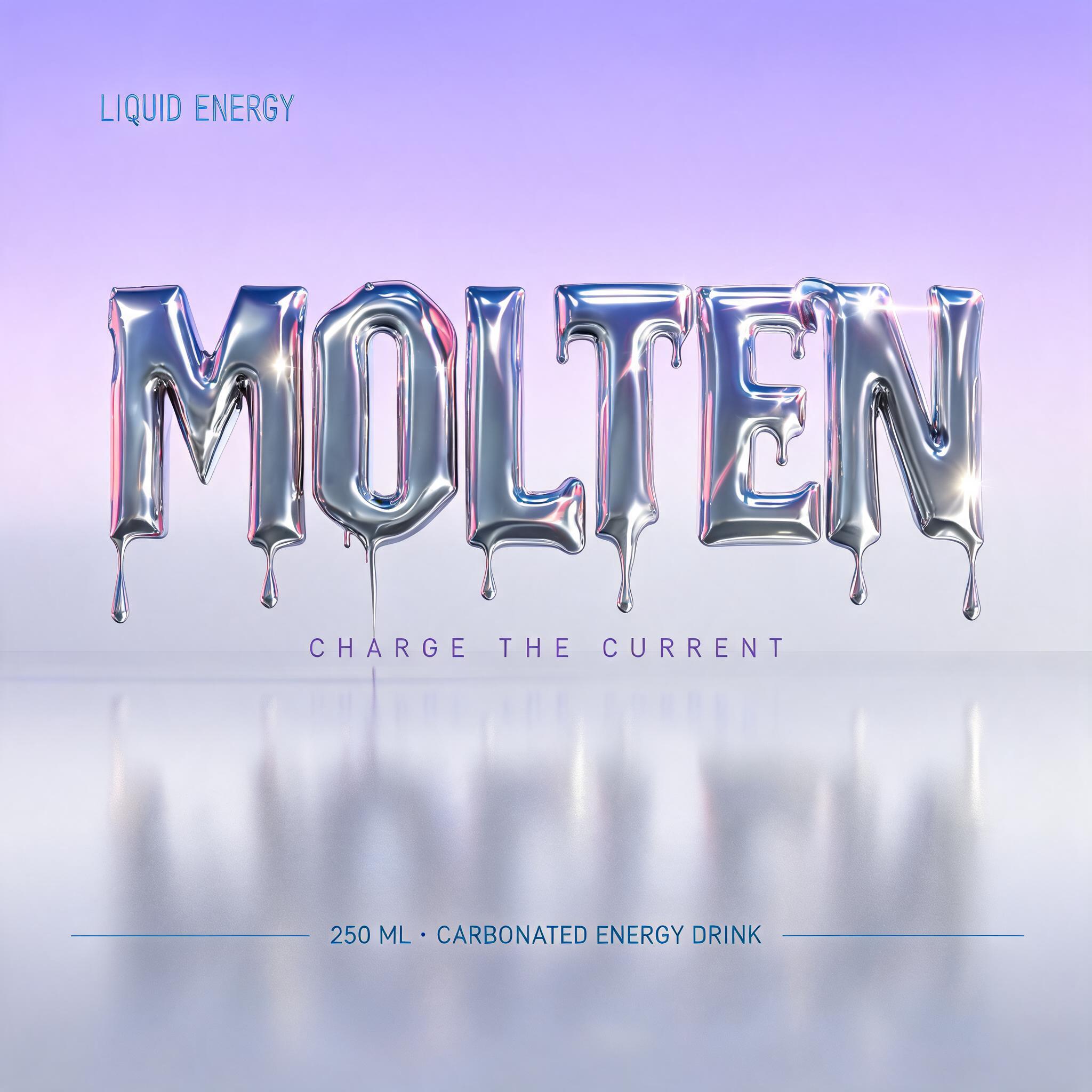 "MOLTEN
LIQUID ENERGY
CHARGE THE CURRENT
250 ML · CARBONATED ENERGY DRINK" — Y2k Liquid text effect