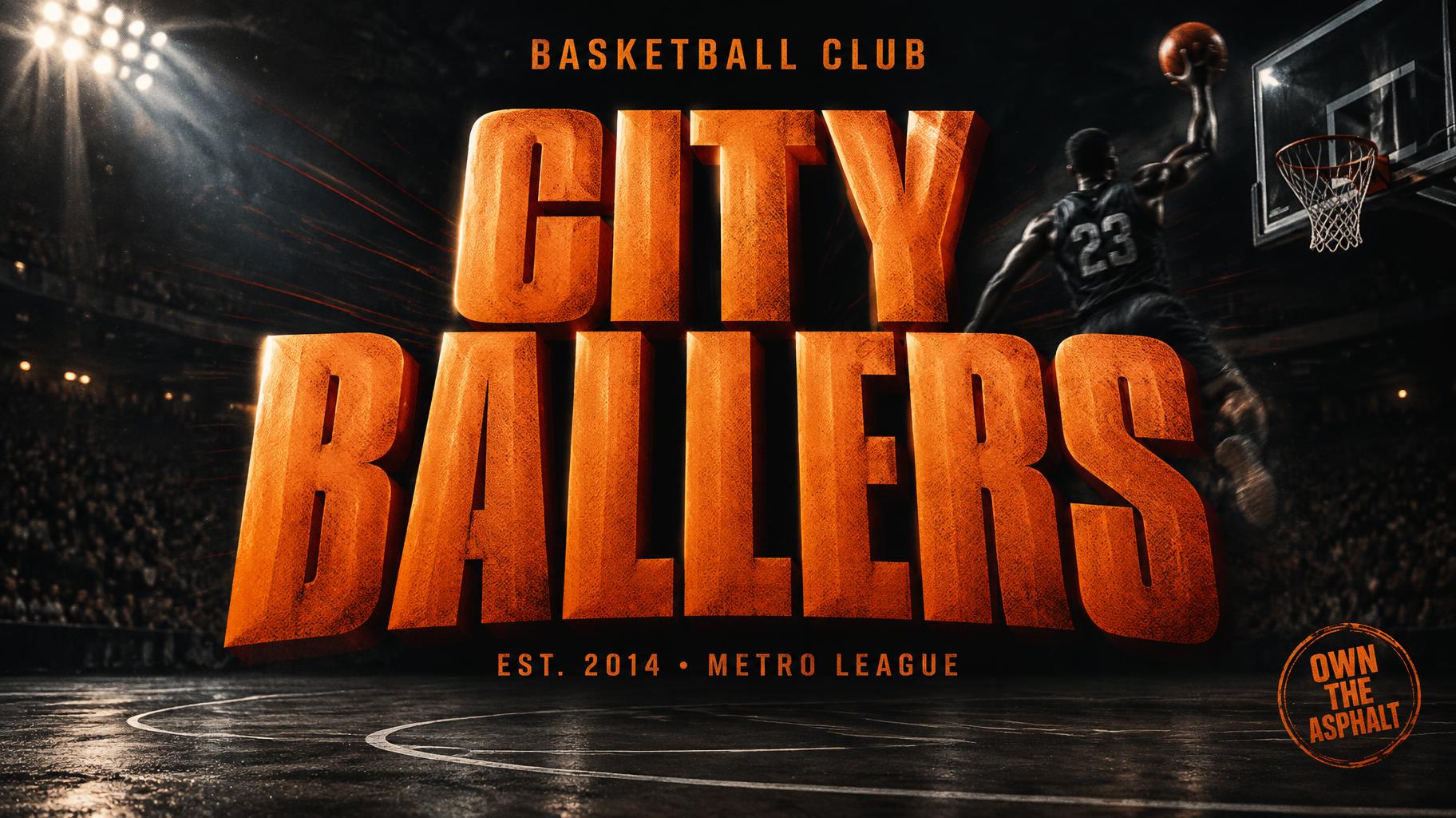 "CITY
BALLERS
BASKETBALL CLUB
EST. 2014 • METRO LEAGUE
OWN THE ASPHALT" — Sports | AI Text Effect Generator